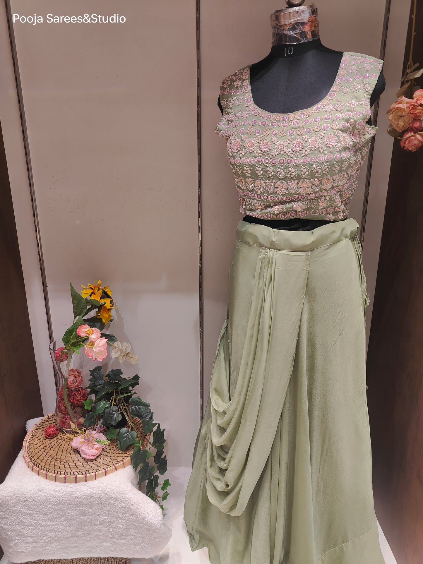 AARSAA Pista Green Organza Full Zardozi Sequence work too with crepe Drape skirt and Work Jacket