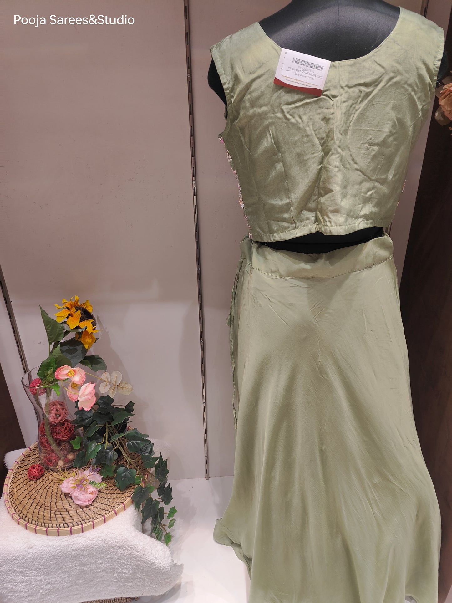 AARSAA Pista Green Organza Full Zardozi Sequence work too with crepe Drape skirt and Work Jacket