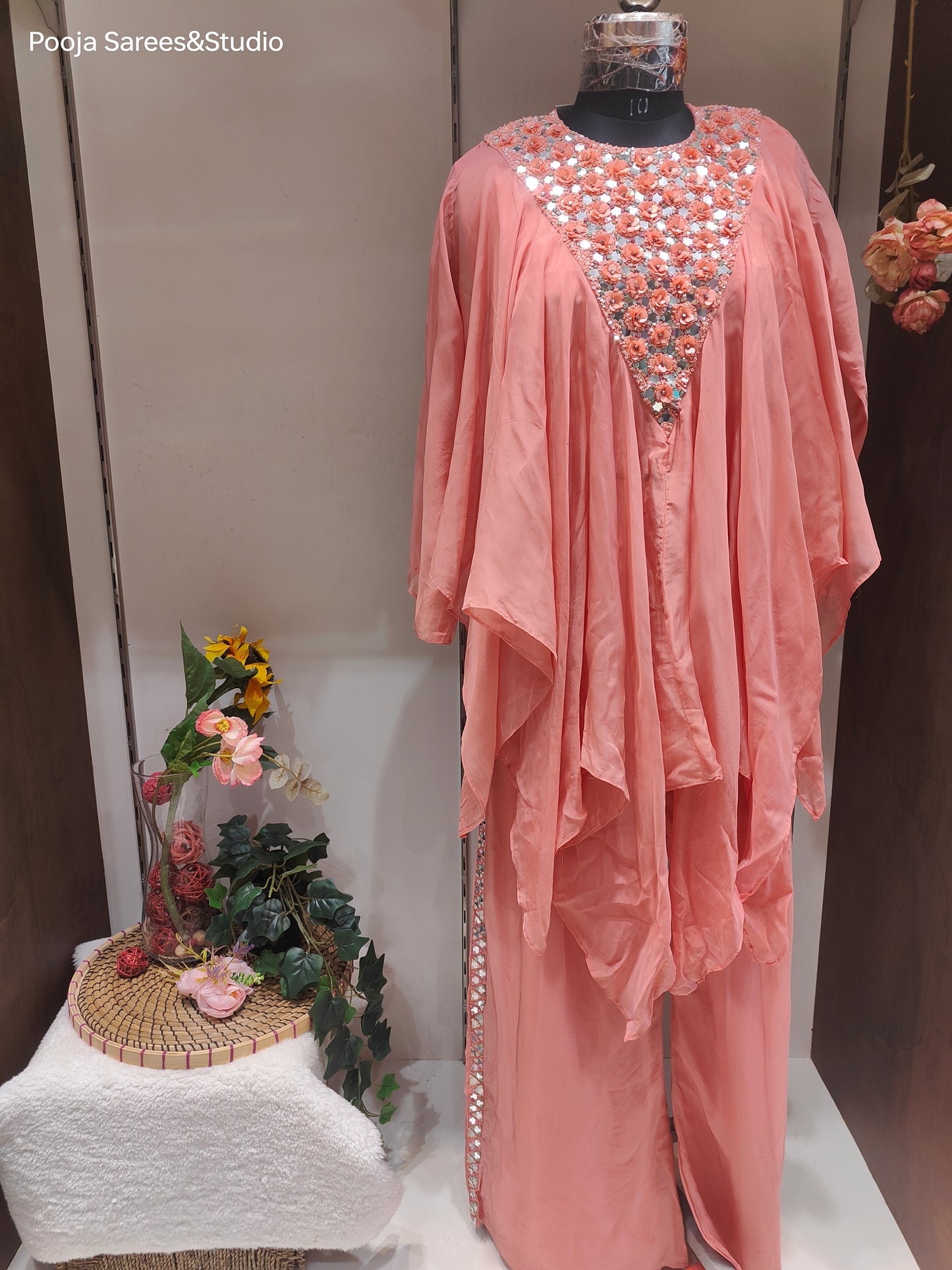 AARSAA Peach Organza Full Katdana Fancy neck work kaftan top with side work pants