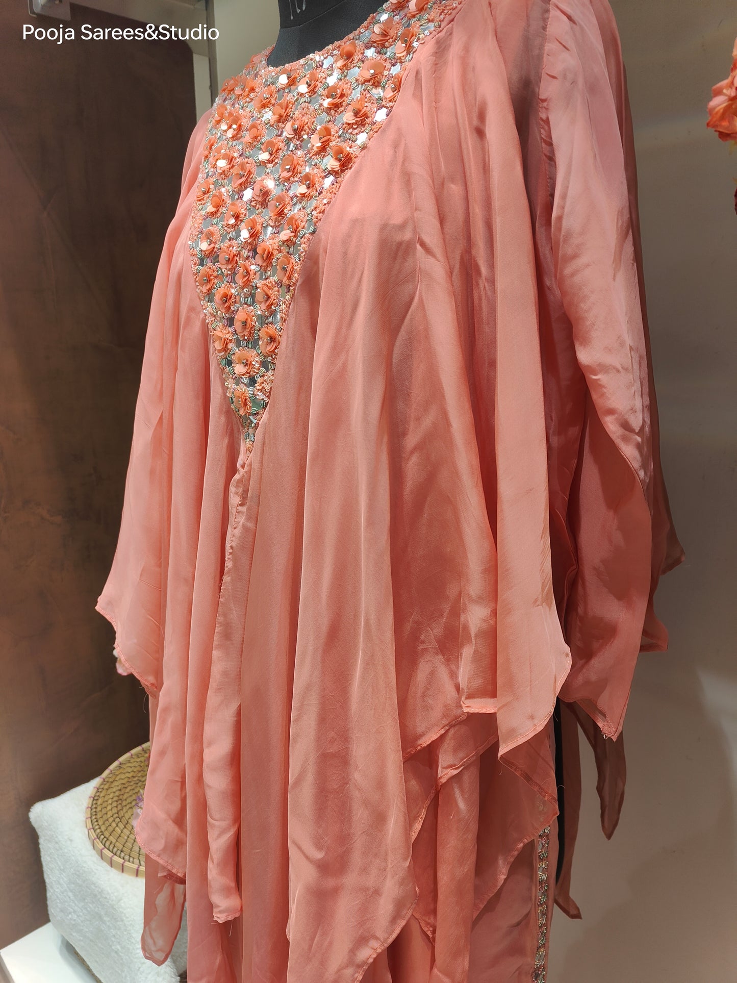 AARSAA Peach Organza Full Katdana Fancy neck work kaftan top with side work pants