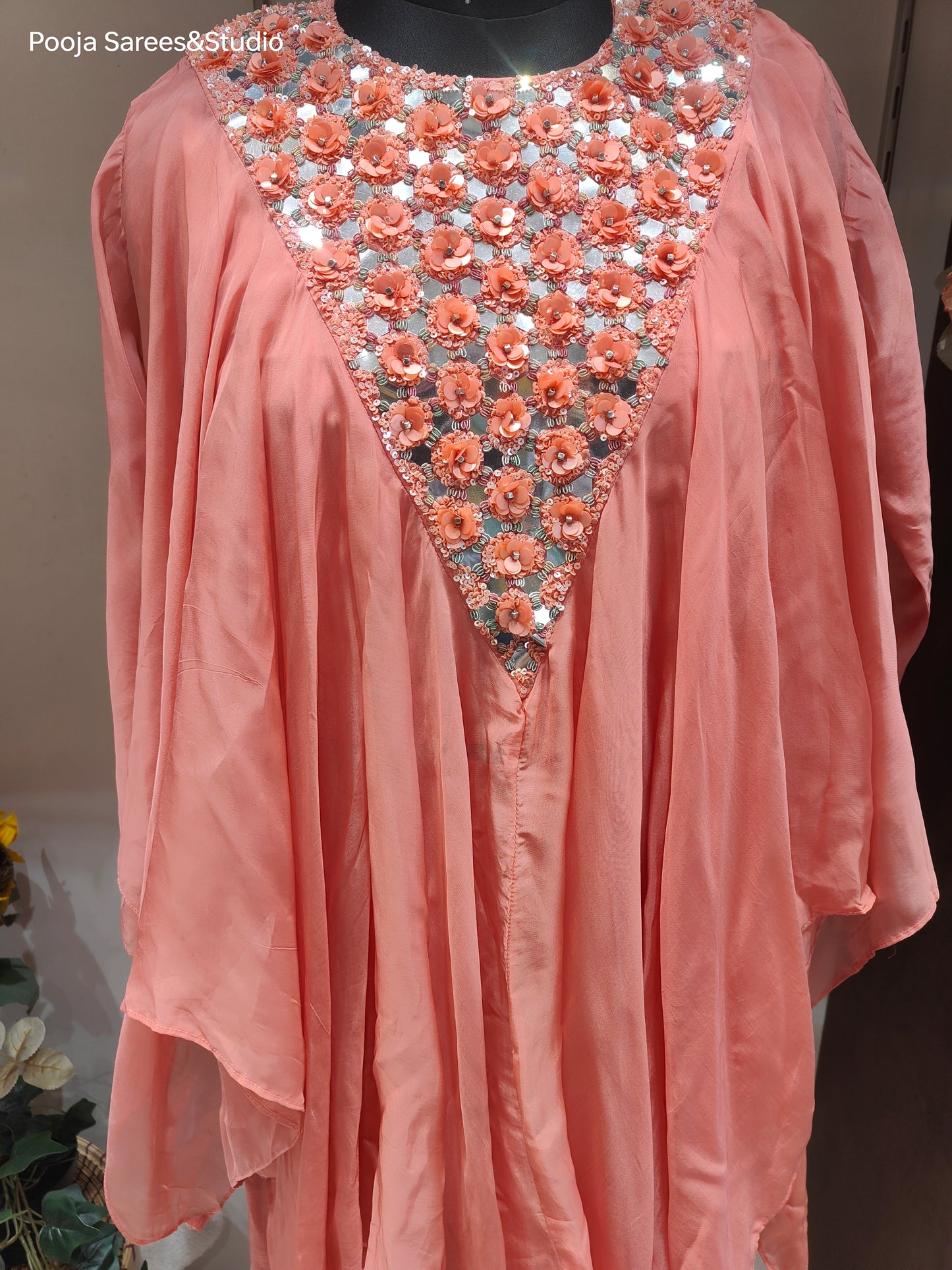 AARSAA Peach Organza Full Katdana Fancy neck work kaftan top with side work pants