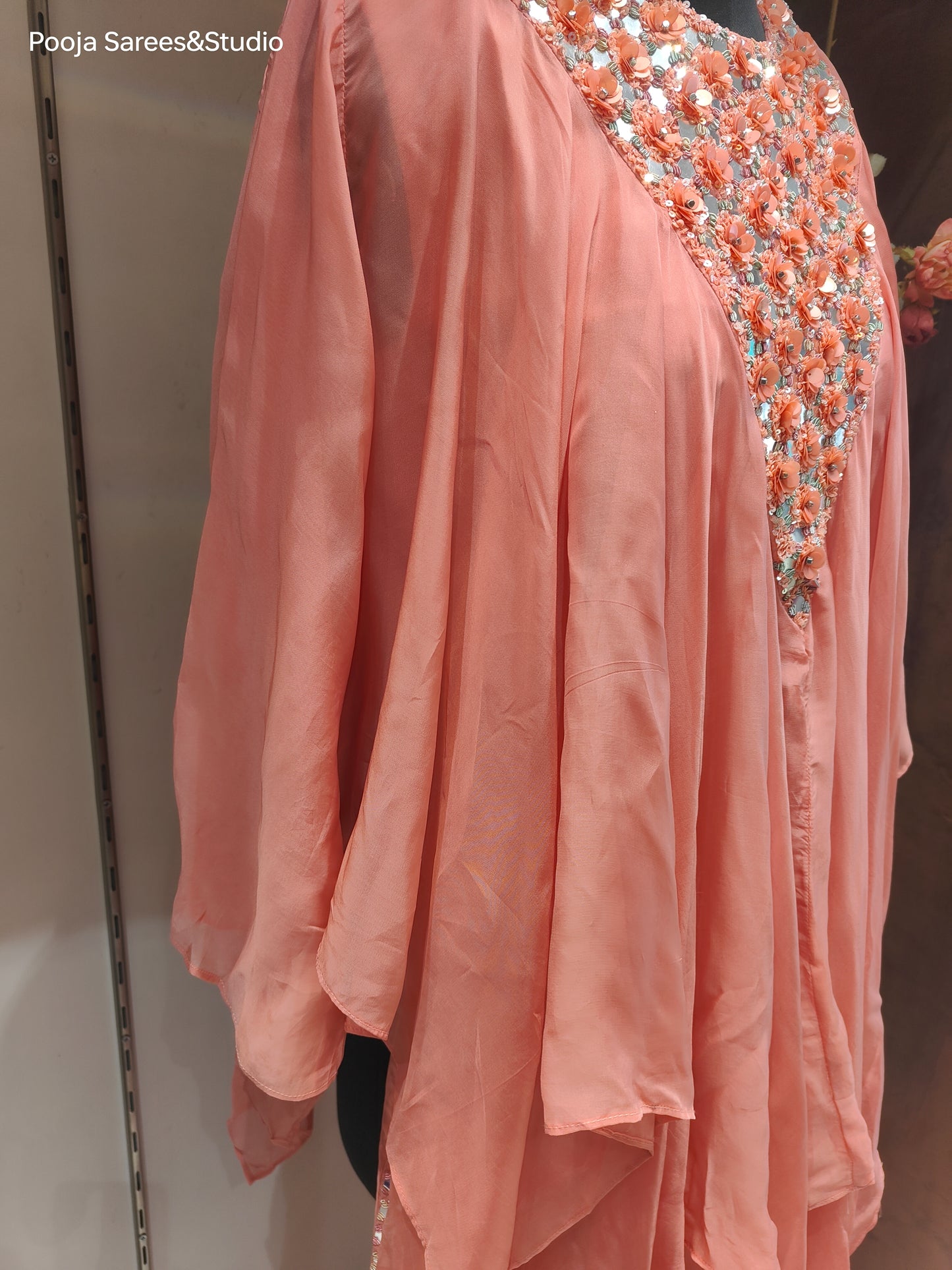 AARSAA Peach Organza Full Katdana Fancy neck work kaftan top with side work pants