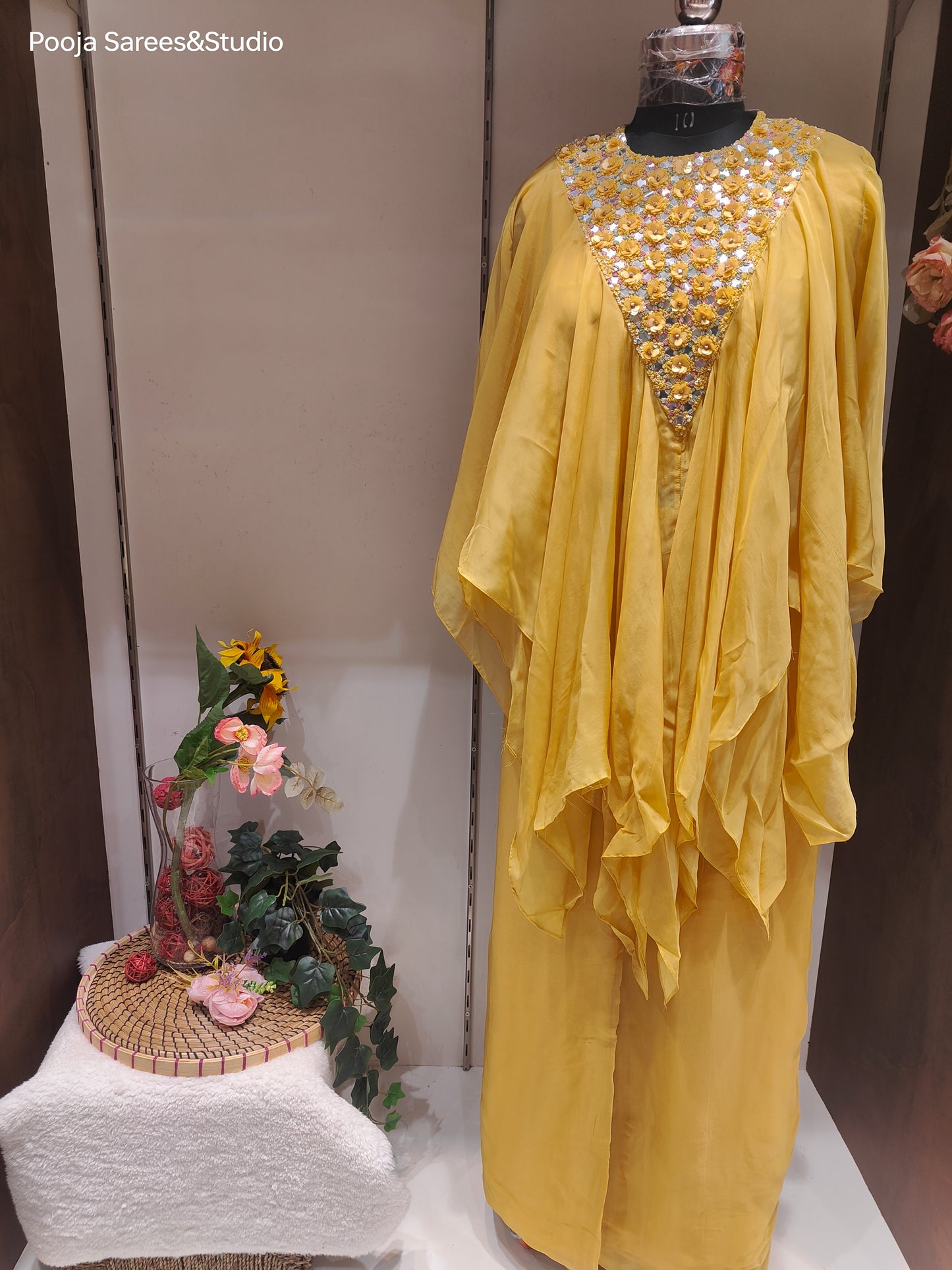 AARSAA Yellow Organza Full Katdana Fancy neck work kaftan top with side work pants