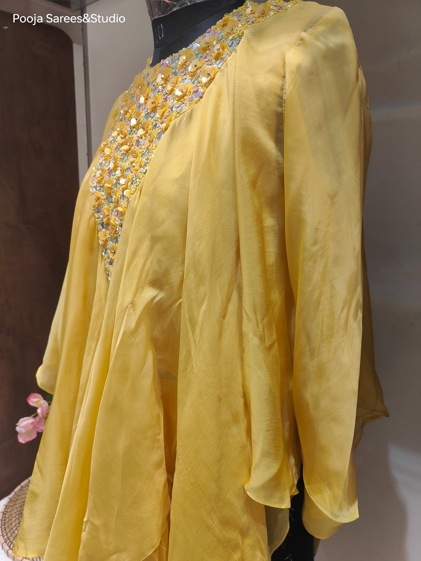 AARSAA Yellow Organza Full Katdana Fancy neck work kaftan top with side work pants