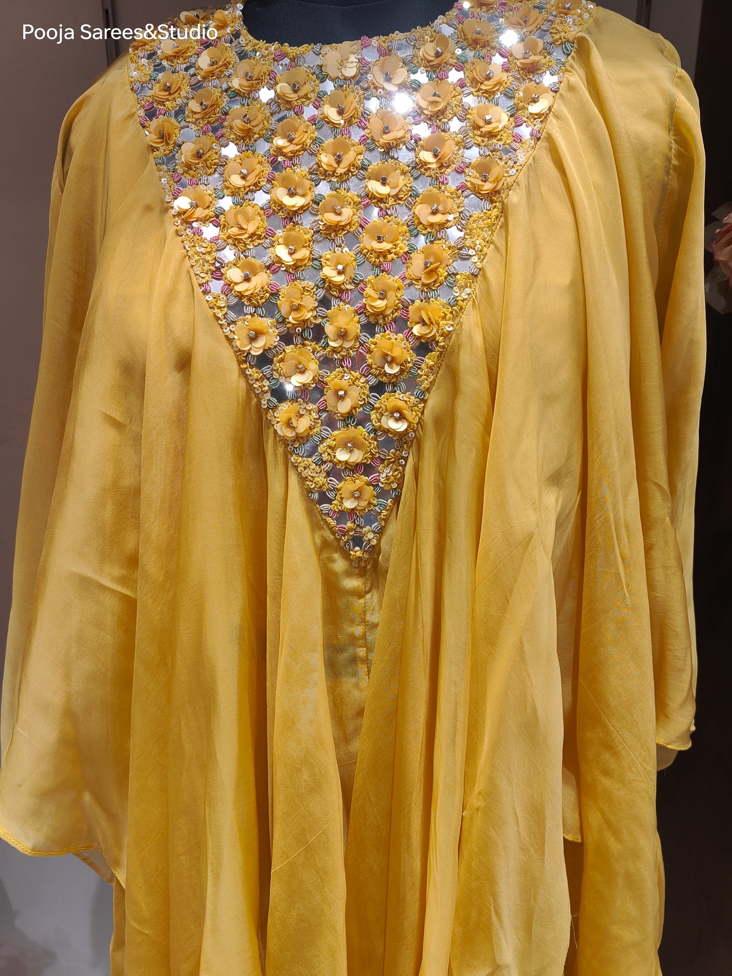 AARSAA Yellow Organza Full Katdana Fancy neck work kaftan top with side work pants