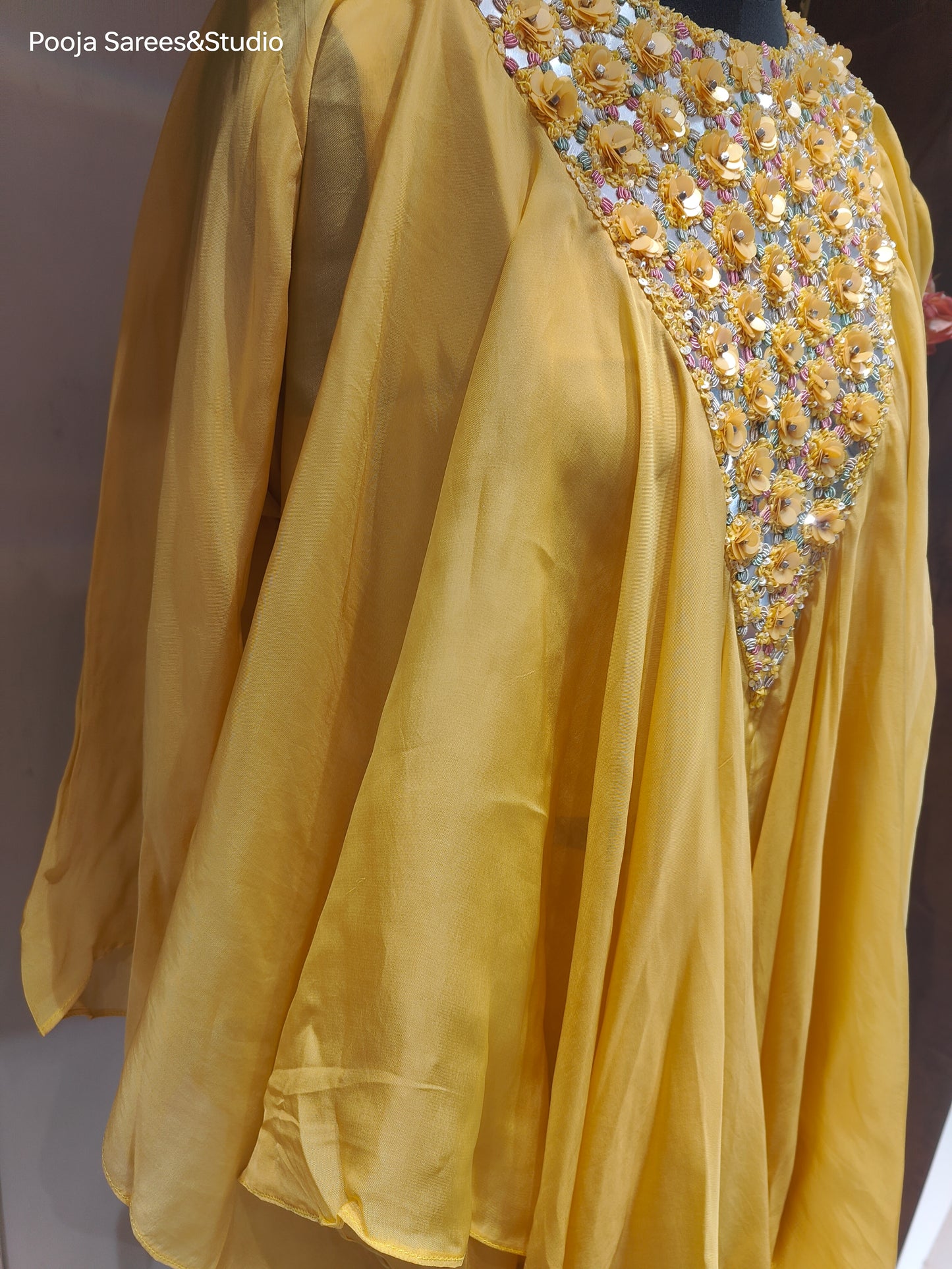 AARSAA Yellow Organza Full Katdana Fancy neck work kaftan top with side work pants