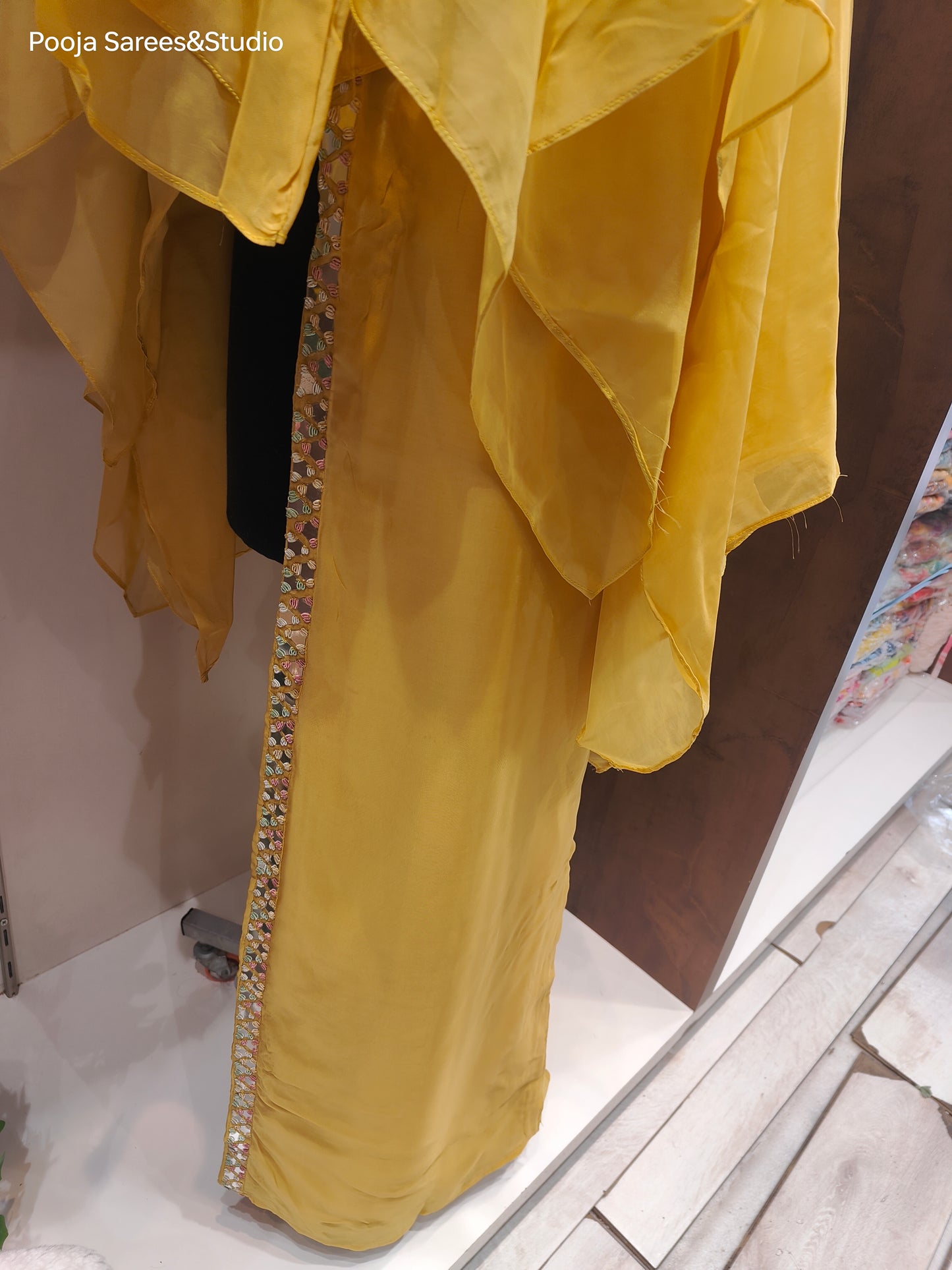 AARSAA Yellow Organza Full Katdana Fancy neck work kaftan top with side work pants