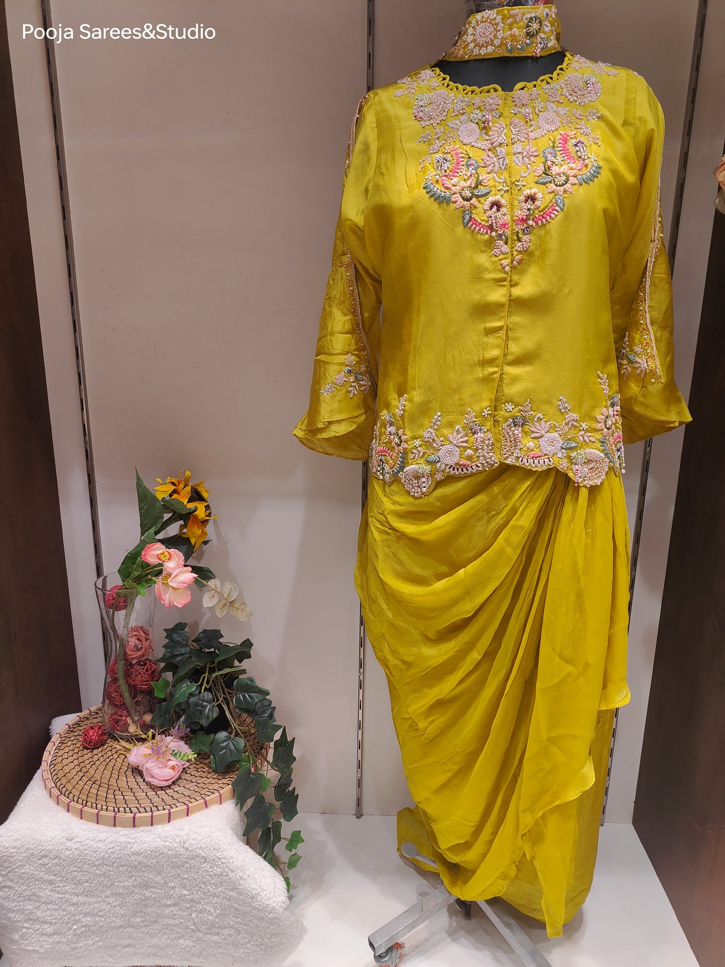 AARSAA Mustard Raw Silk ThreadWork Zardozi work top with cowl skirt, stylish sleeve and choker dupatta