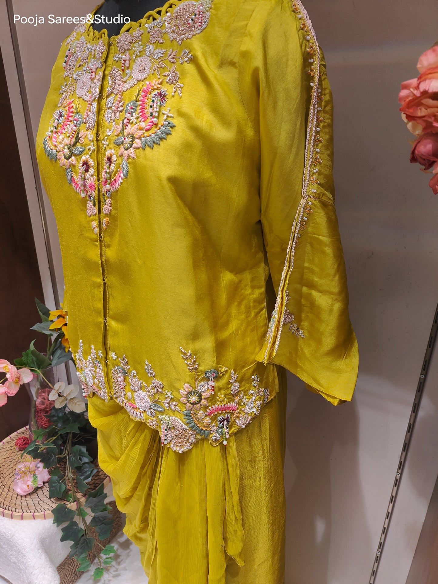 AARSAA Mustard Raw Silk ThreadWork Zardozi work top with cowl skirt, stylish sleeve and choker dupatta