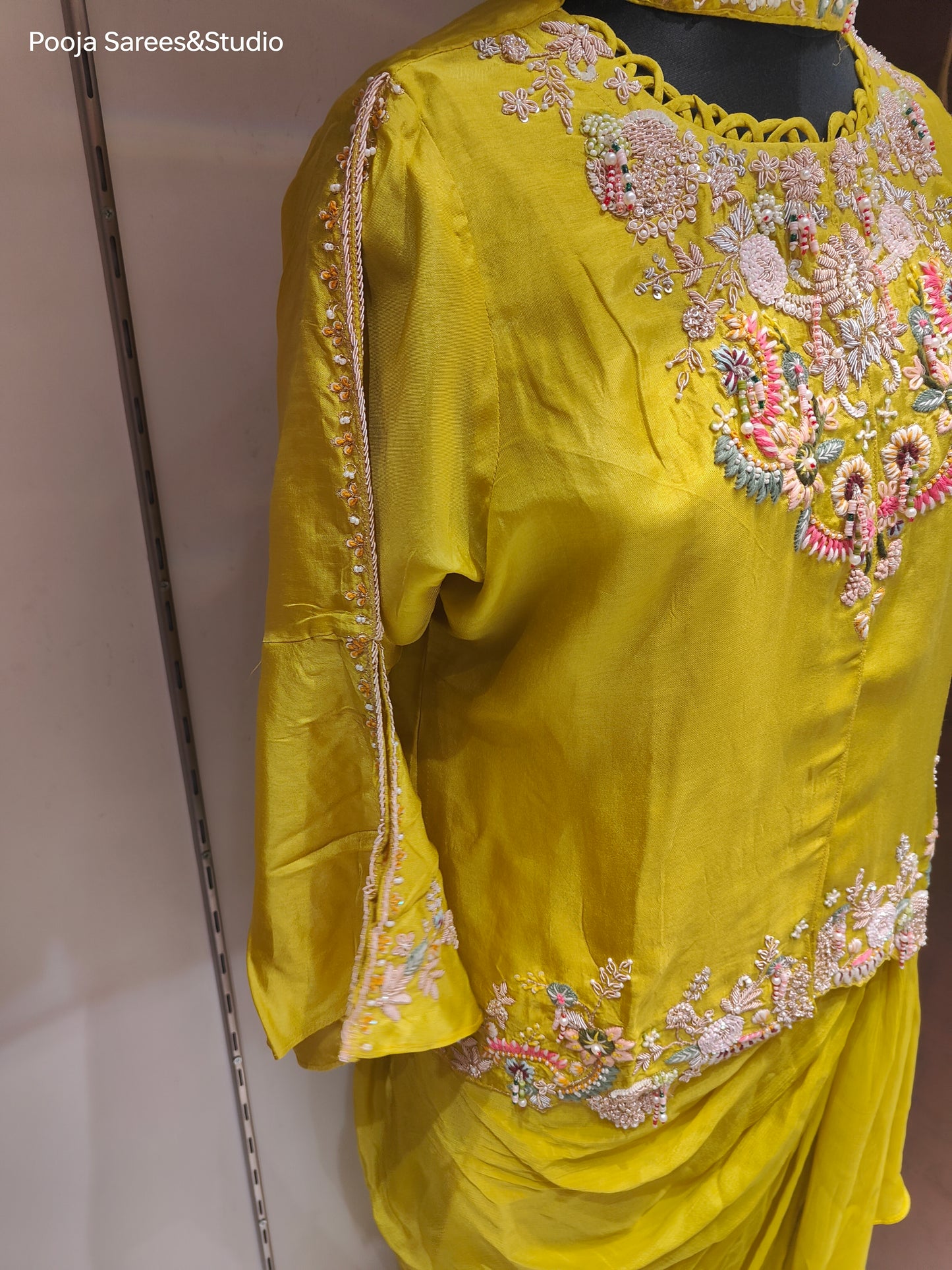 AARSAA Mustard Raw Silk ThreadWork Zardozi work top with cowl skirt, stylish sleeve and choker dupatta