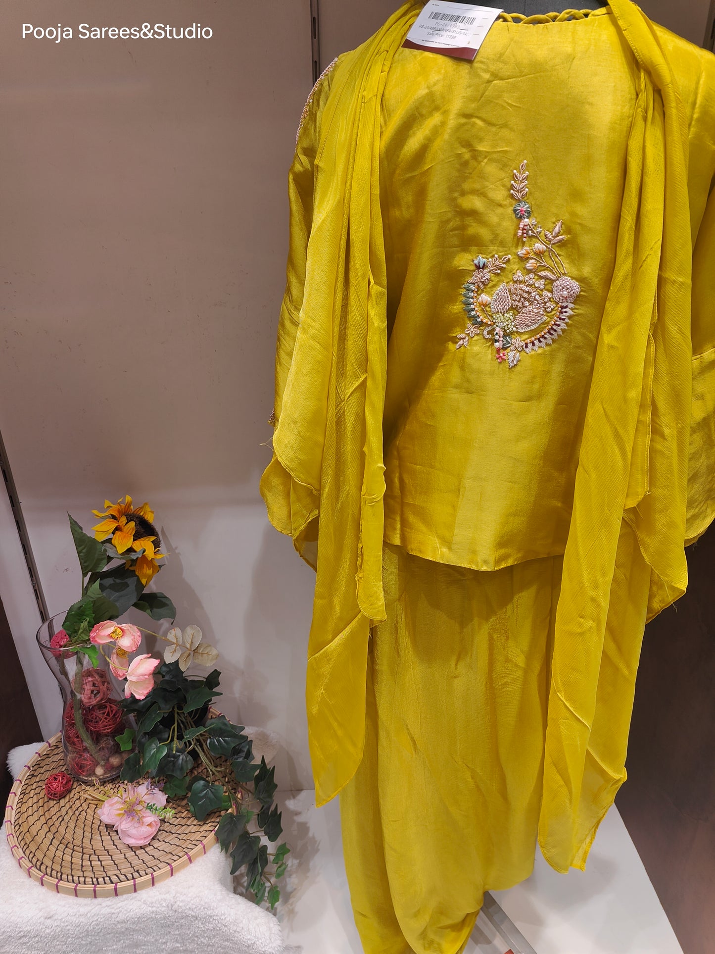 AARSAA Mustard Raw Silk ThreadWork Zardozi work top with cowl skirt, stylish sleeve and choker dupatta