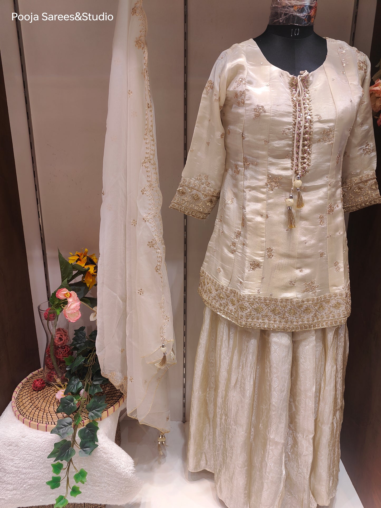 AARSAA Cream Tissue Gold Sequence work Top with Beautiful Self Printed Pallazo and Work Dupatta