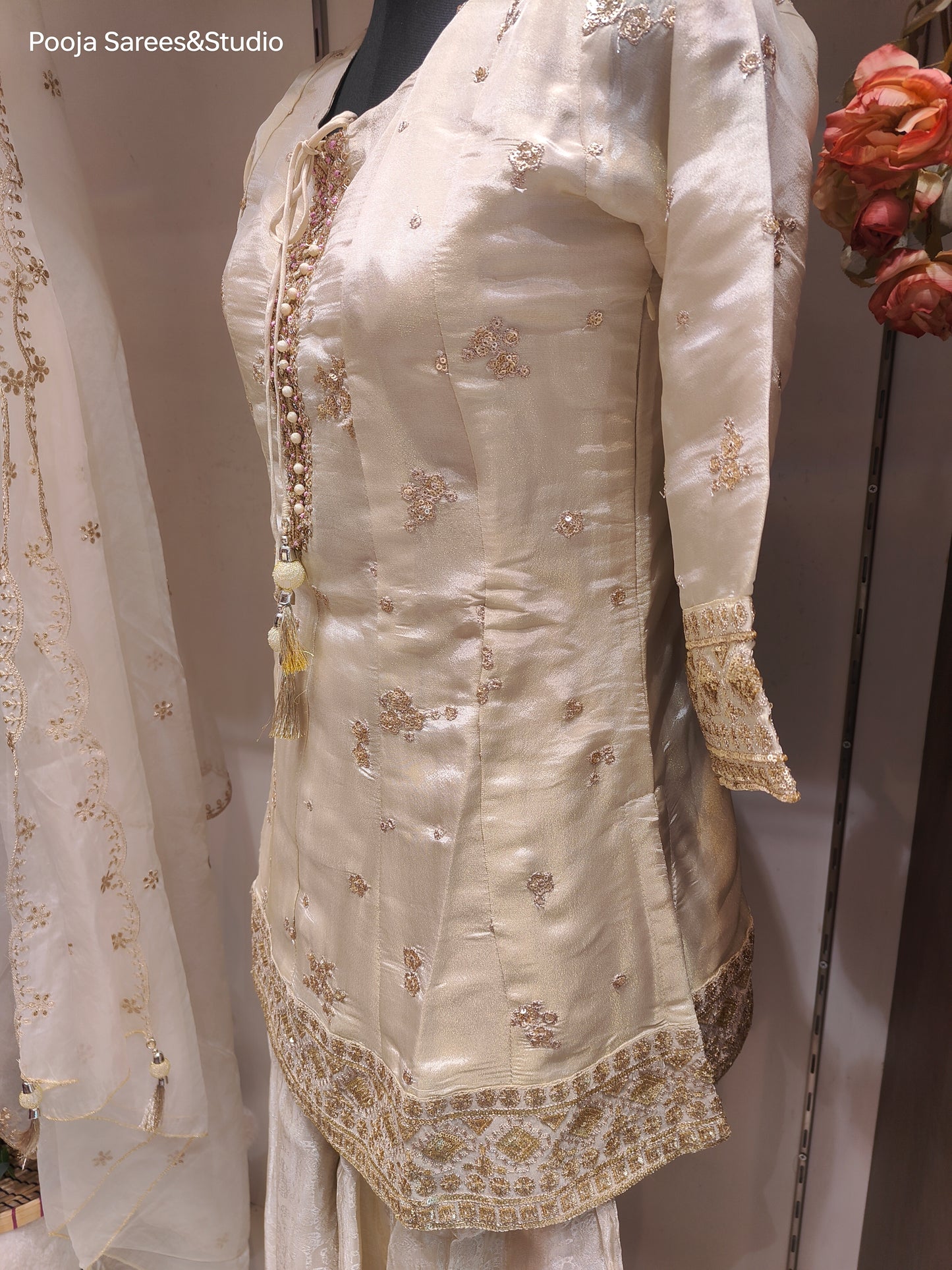 AARSAA Cream Tissue Gold Sequence work Top with Beautiful Self Printed Pallazo and Work Dupatta