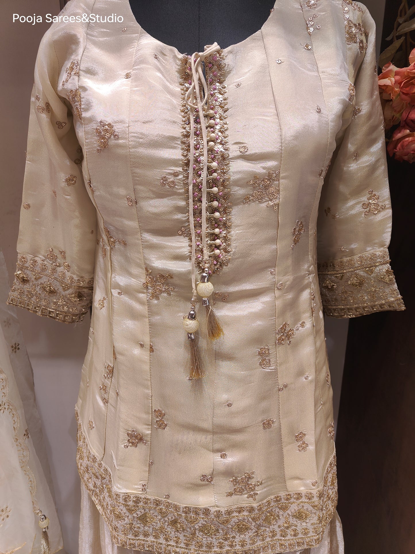 AARSAA Cream Tissue Gold Sequence work Top with Beautiful Self Printed Pallazo and Work Dupatta