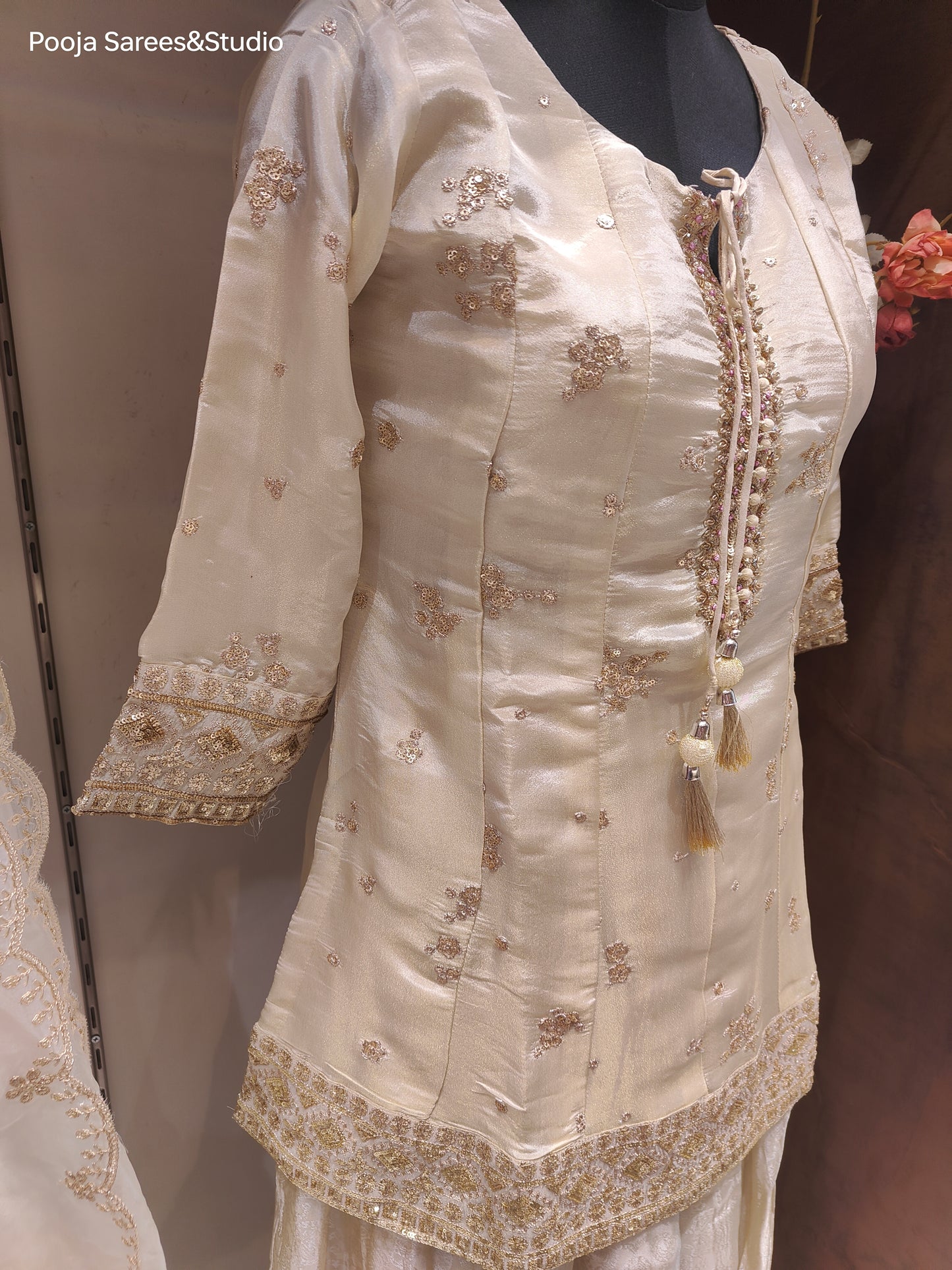 AARSAA Cream Tissue Gold Sequence work Top with Beautiful Self Printed Pallazo and Work Dupatta