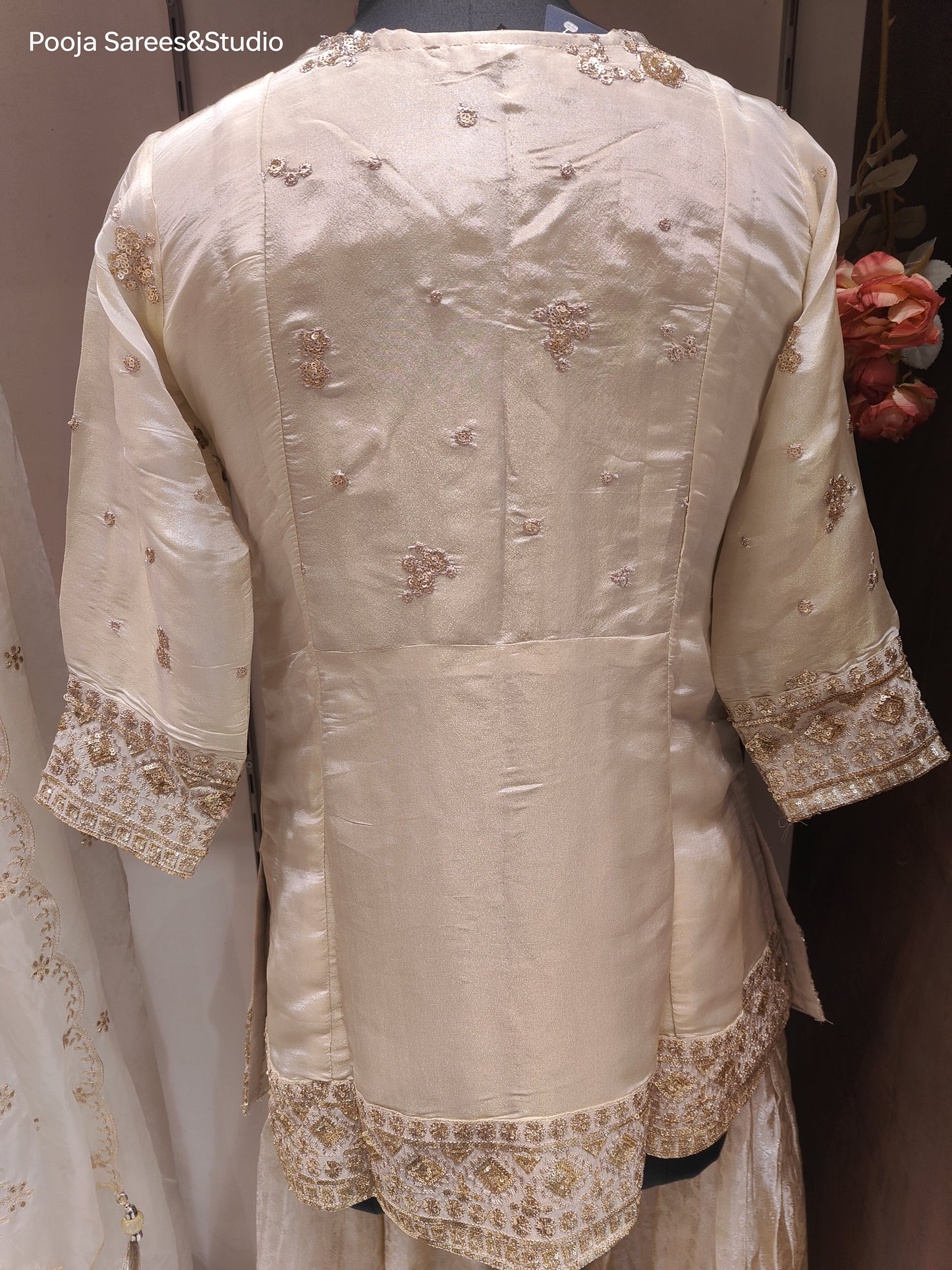 AARSAA Cream Tissue Gold Sequence work Top with Beautiful Self Printed Pallazo and Work Dupatta