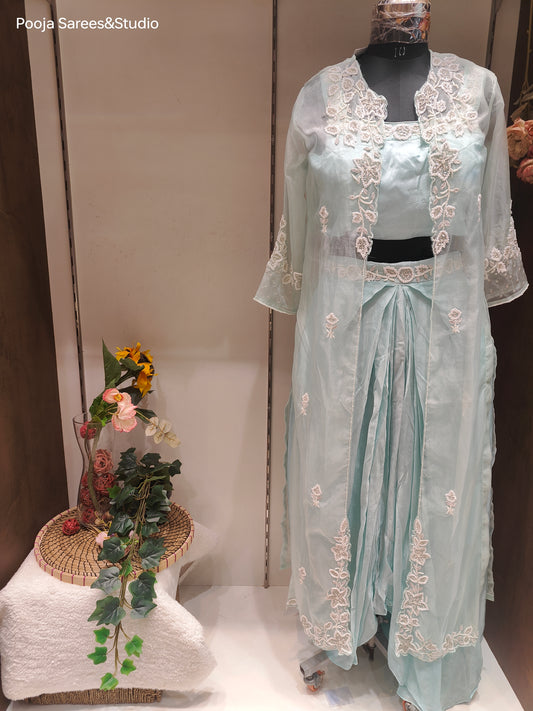 AARSAA Light Blue Organza Moti work Sleeveless blouse with full jacket and cowl skirt