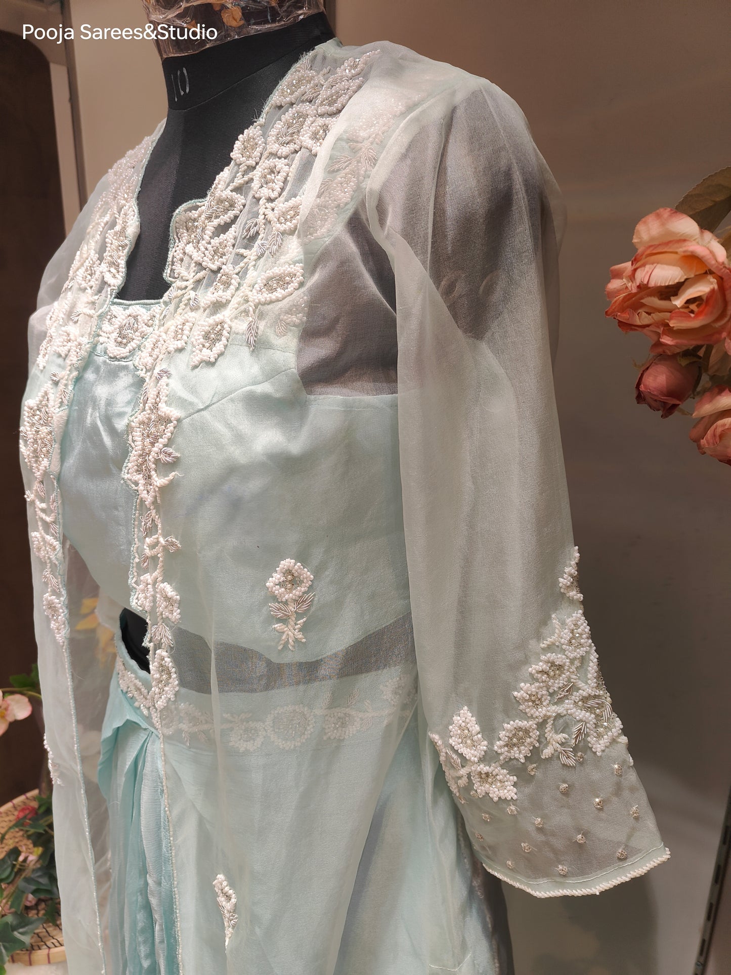 AARSAA Light Blue Organza Moti work Sleeveless blouse with full jacket and cowl skirt