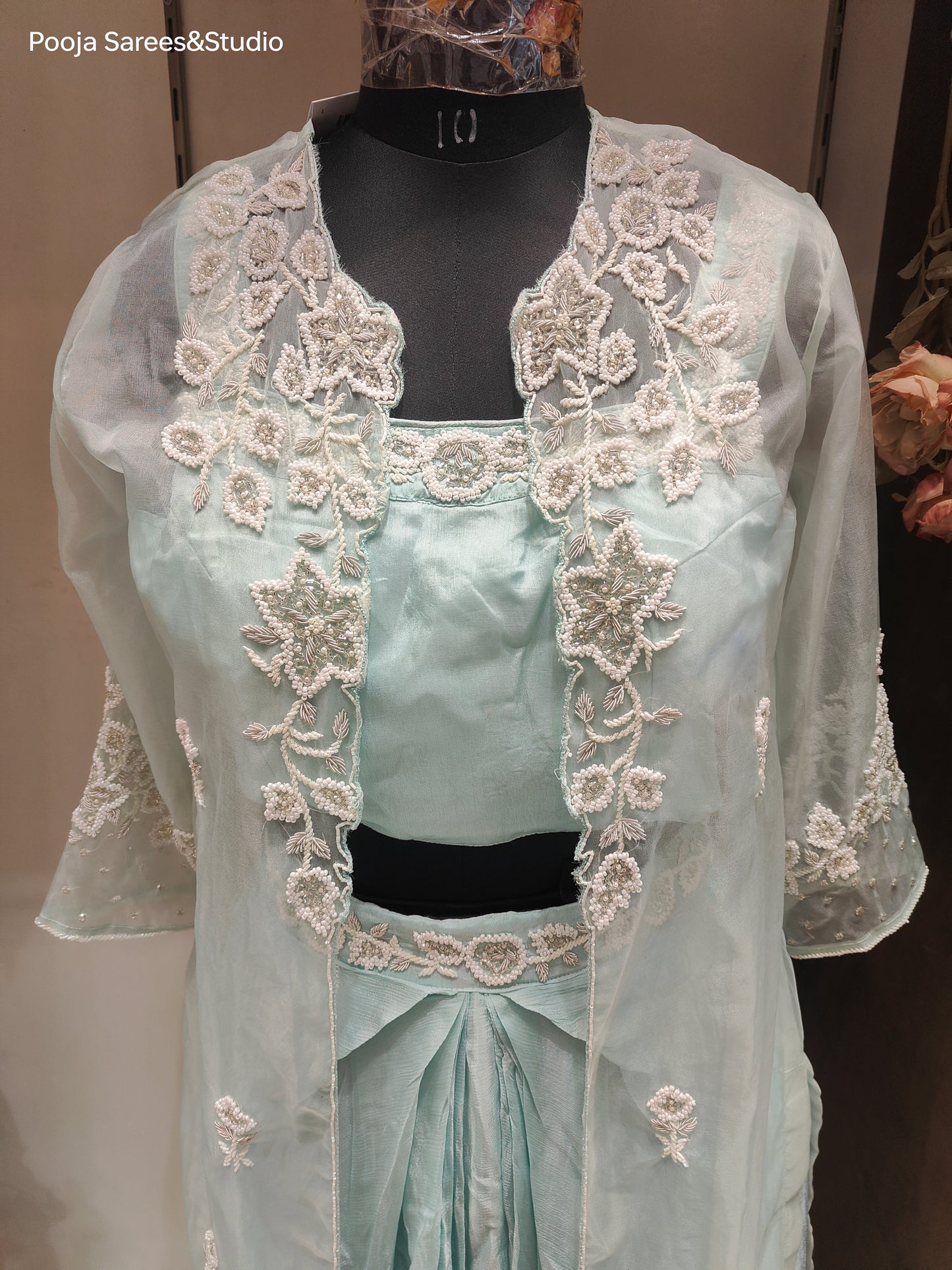 AARSAA Light Blue Organza Moti work Sleeveless blouse with full jacket and cowl skirt