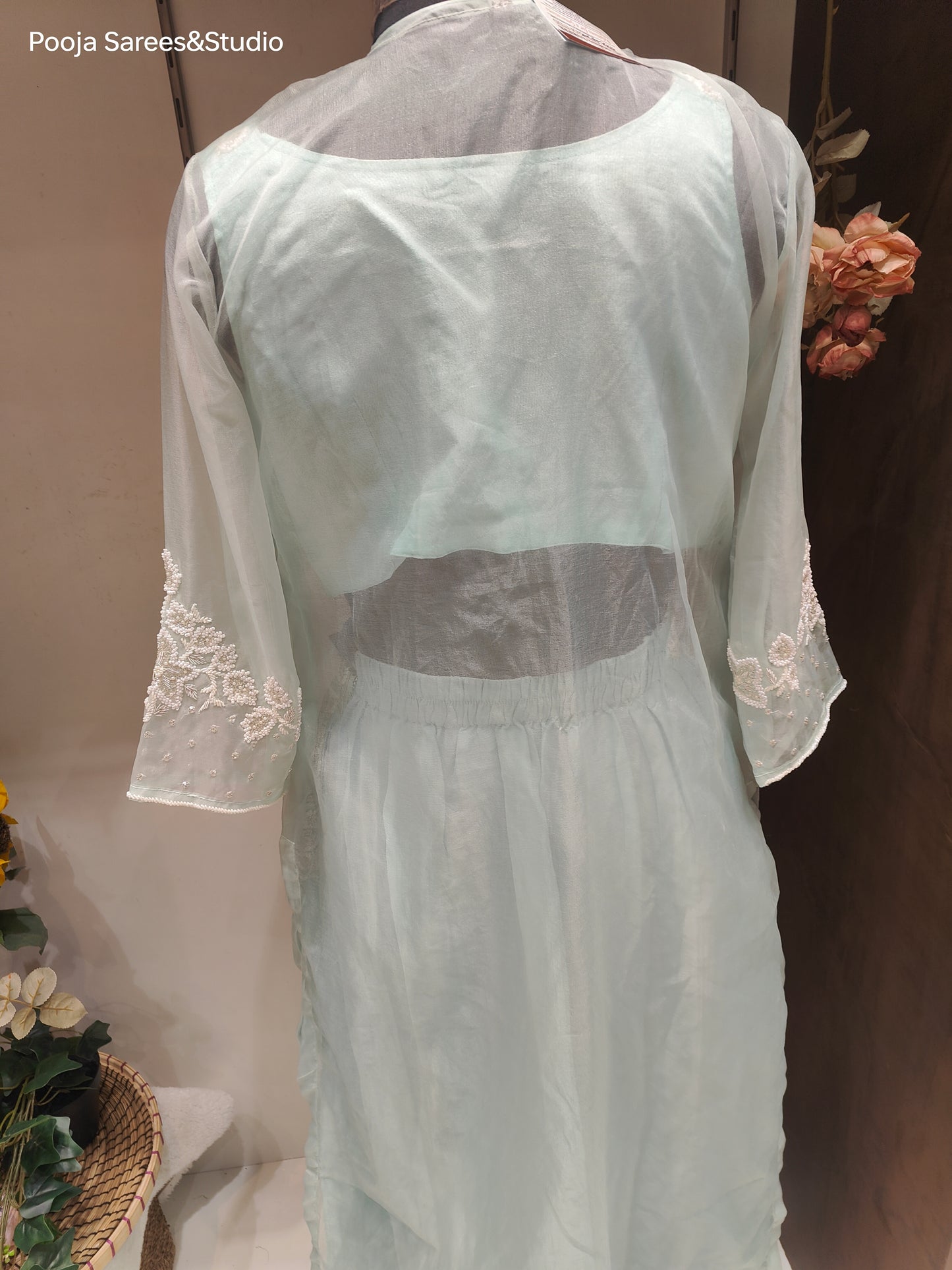 AARSAA Light Blue Organza Moti work Sleeveless blouse with full jacket and cowl skirt