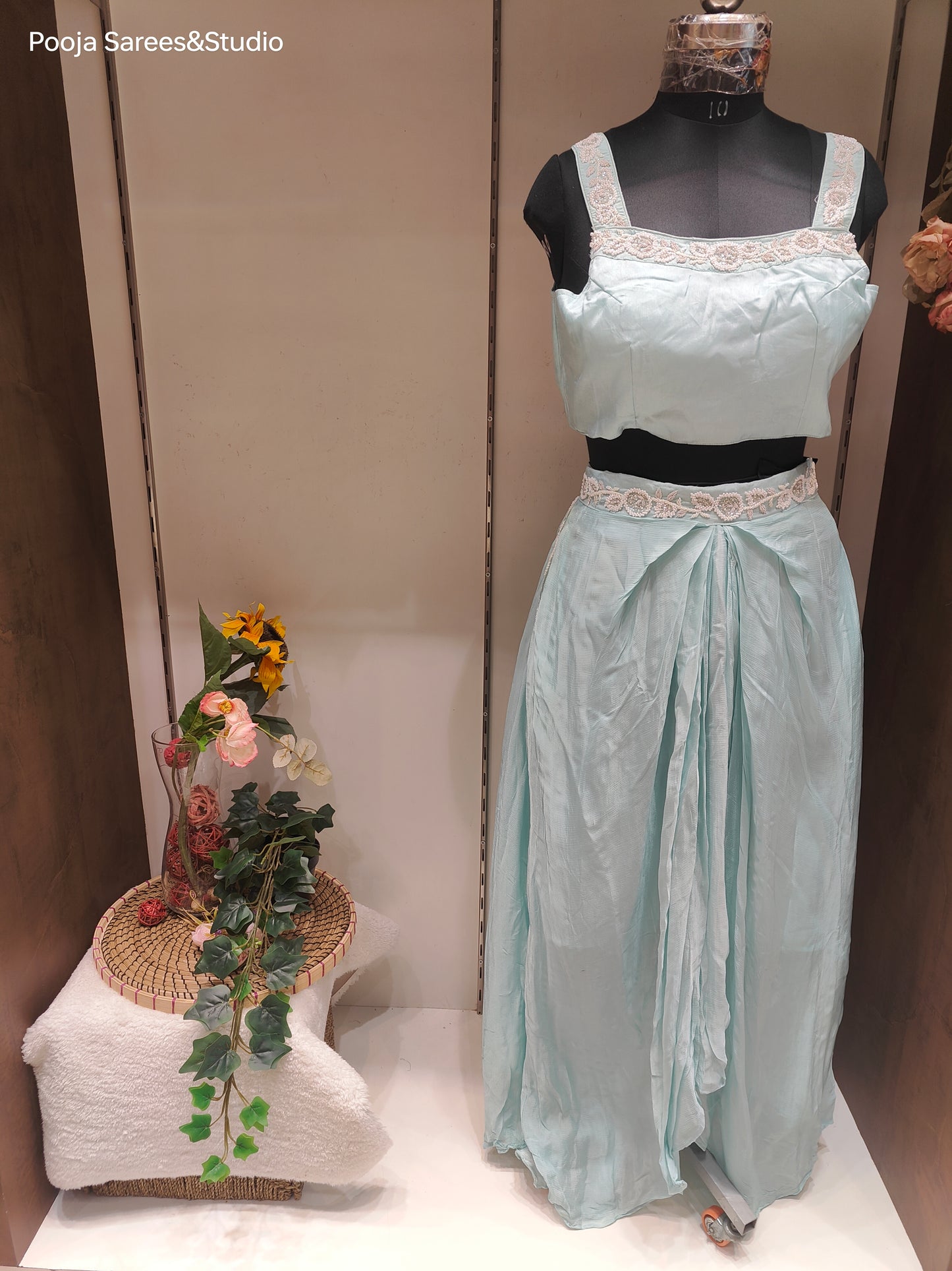 AARSAA Light Blue Organza Moti work Sleeveless blouse with full jacket and cowl skirt