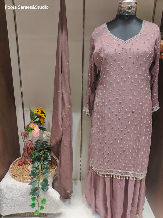 AARSAA Oxidised Purple Crepe Katdana Sequence Kurta with Flared Pallazo