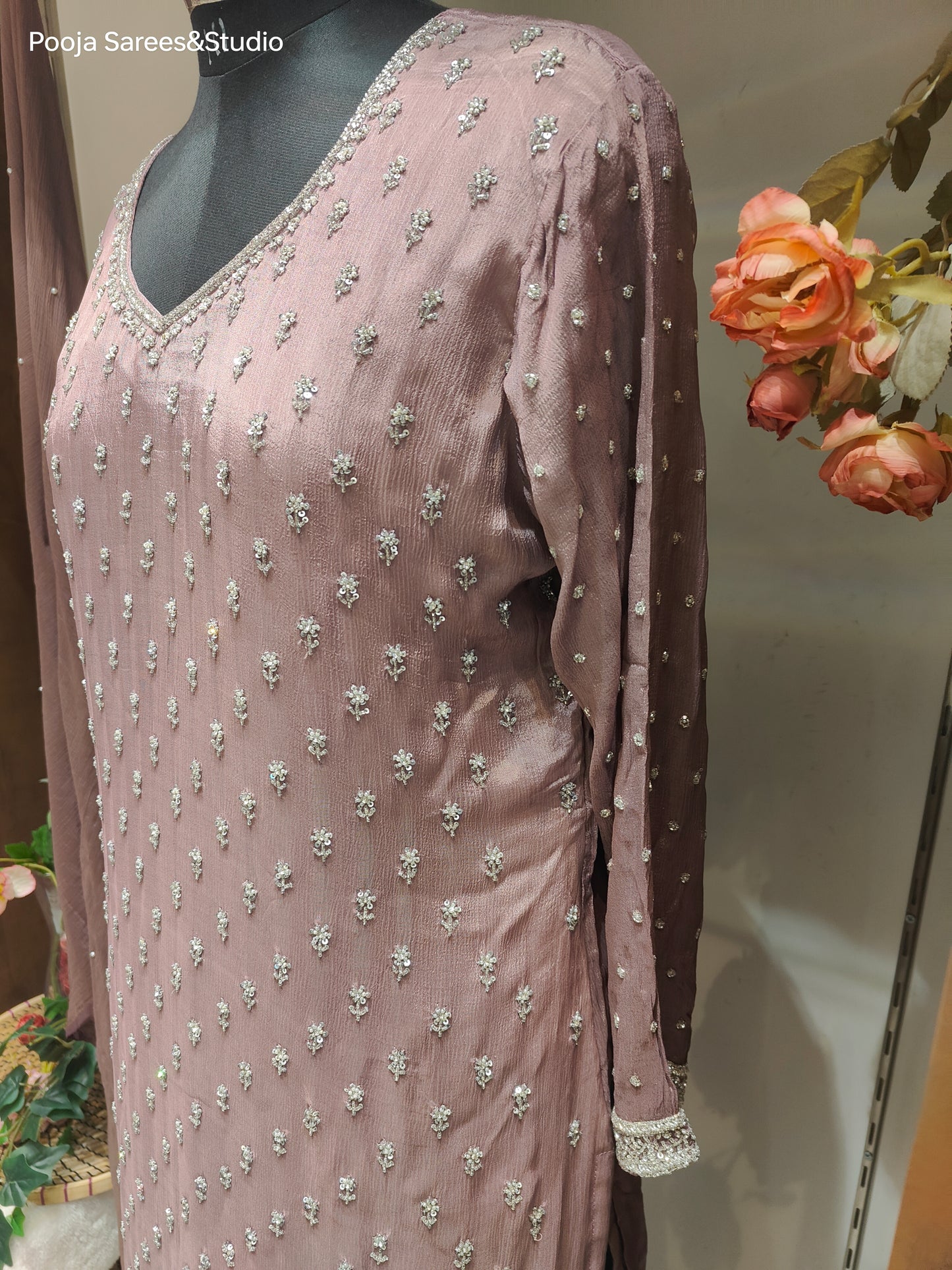 AARSAA Oxidised Purple Crepe Katdana Sequence Kurta with Flared Pallazo