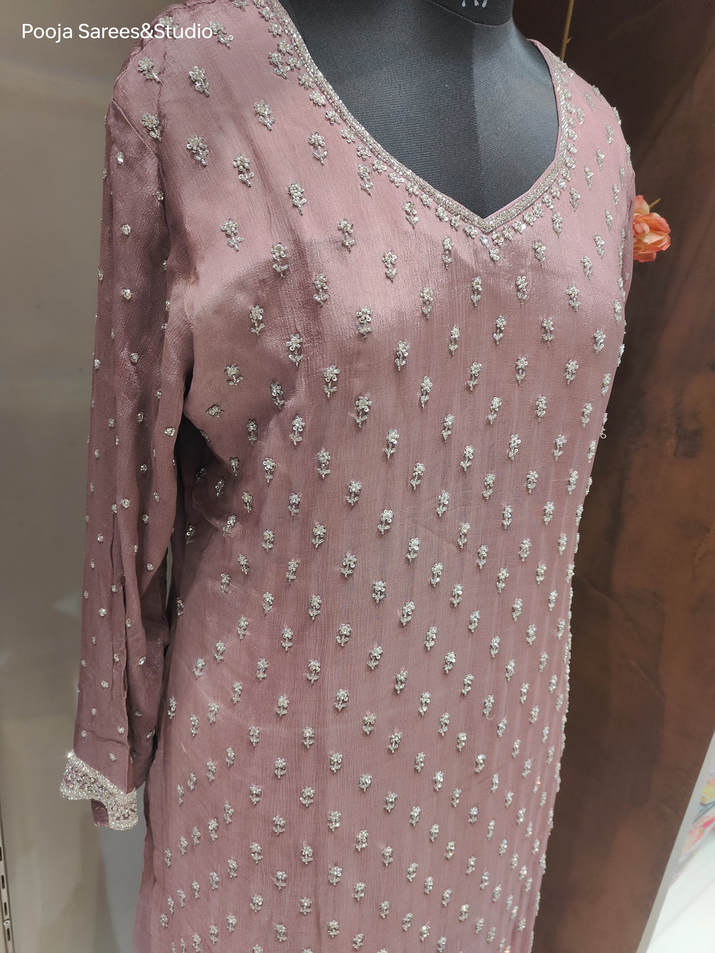 AARSAA Oxidised Purple Crepe Katdana Sequence Kurta with Flared Pallazo