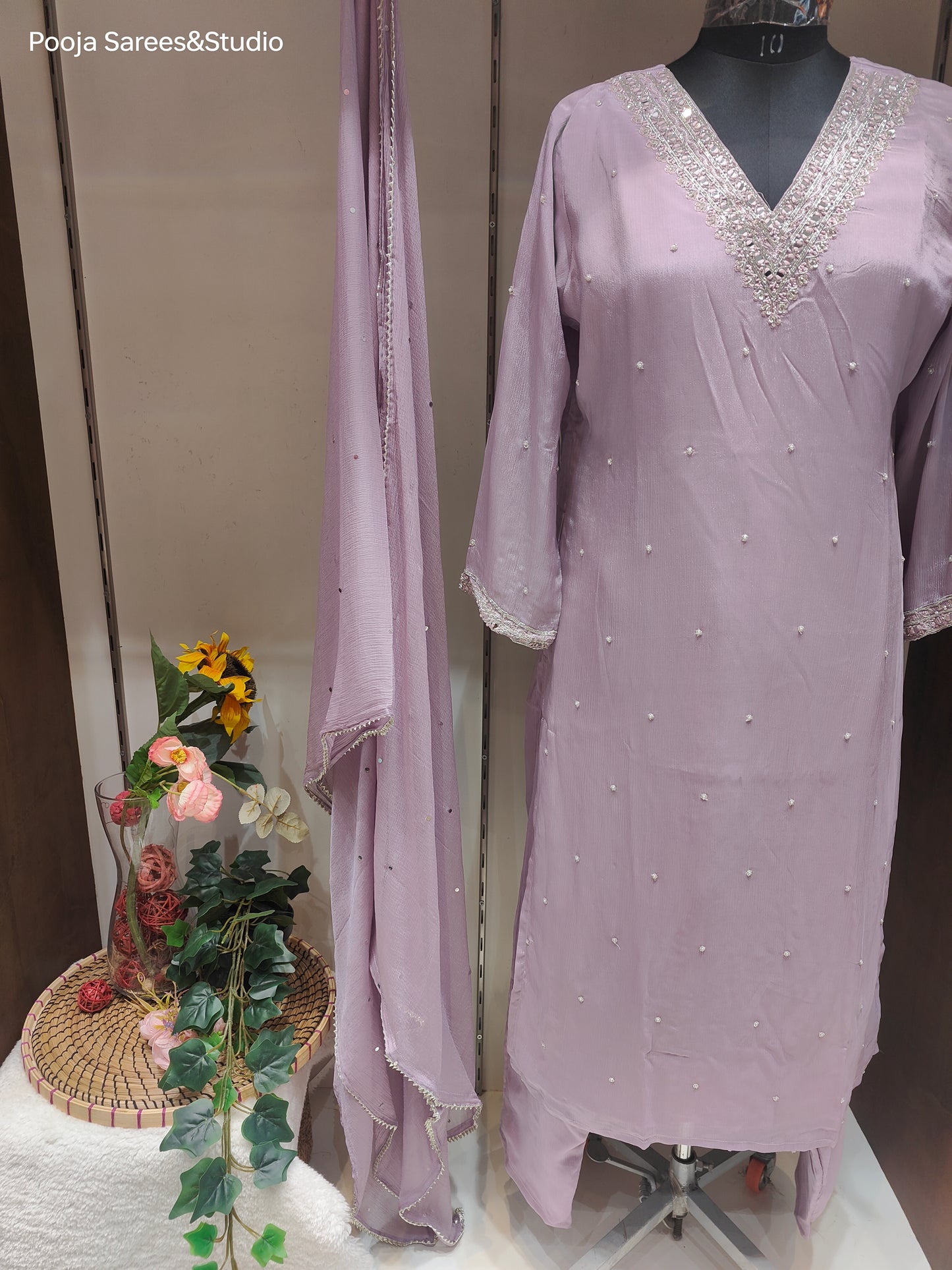 AARSAA Lilac Crepe Katdana work V neck kurta with Pallazo and dupatta