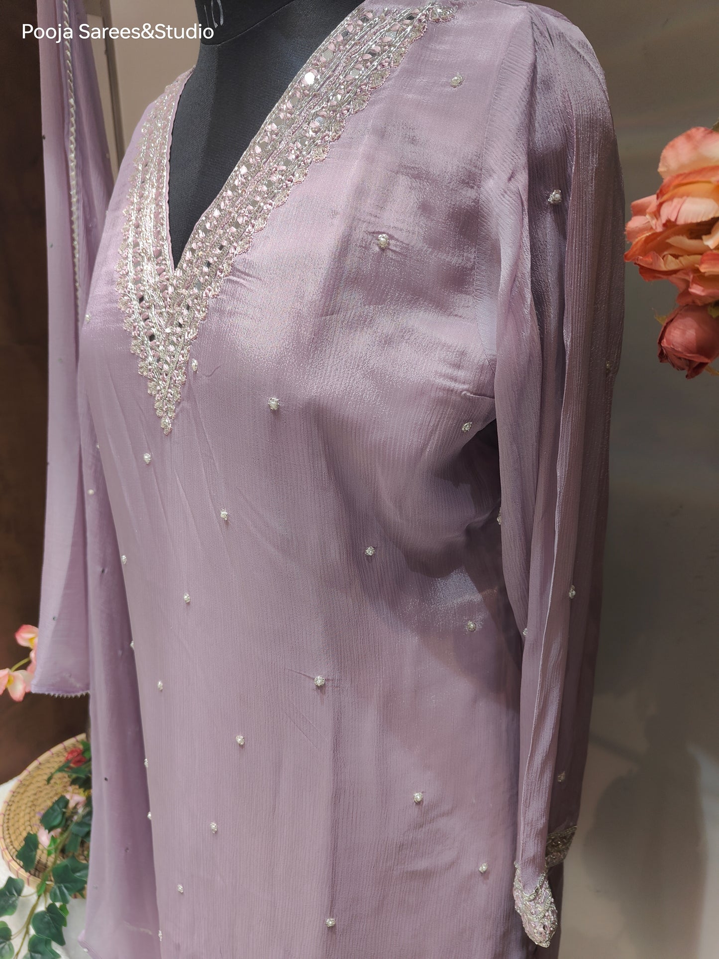 AARSAA Lilac Crepe Katdana work V neck kurta with Pallazo and dupatta