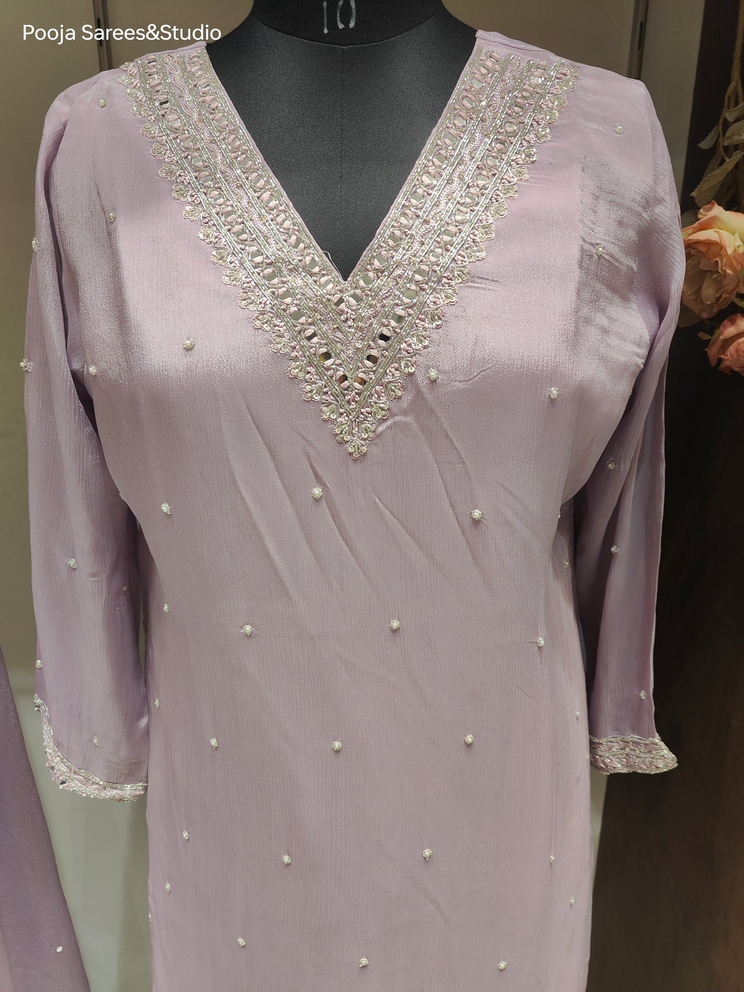 AARSAA Lilac Crepe Katdana work V neck kurta with Pallazo and dupatta