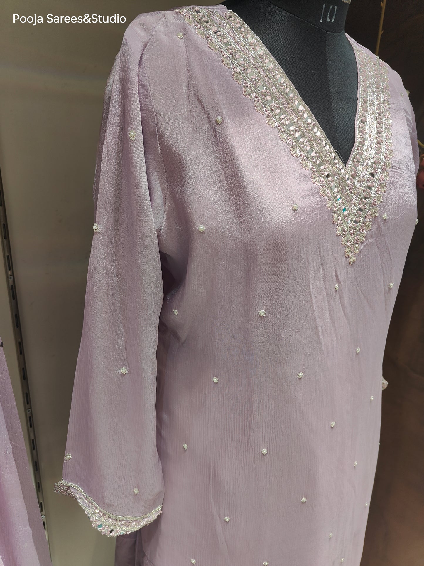 AARSAA Lilac Crepe Katdana work V neck kurta with Pallazo and dupatta