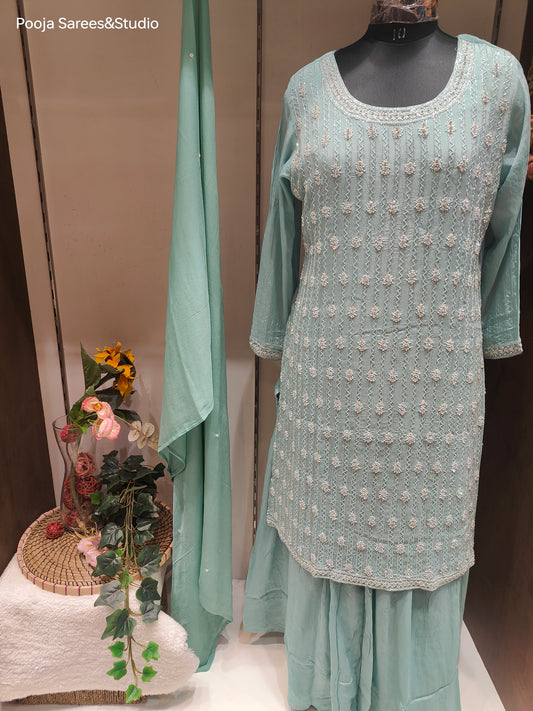 AARSAA Turquoise Crepe Full Katdana work kurta with Pallazo and dupatta