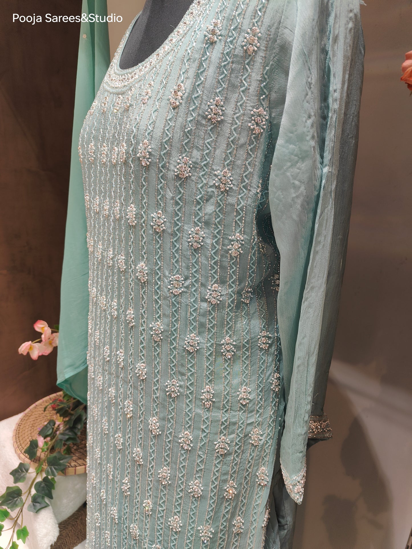 AARSAA Turquoise Crepe Full Katdana work kurta with Pallazo and dupatta