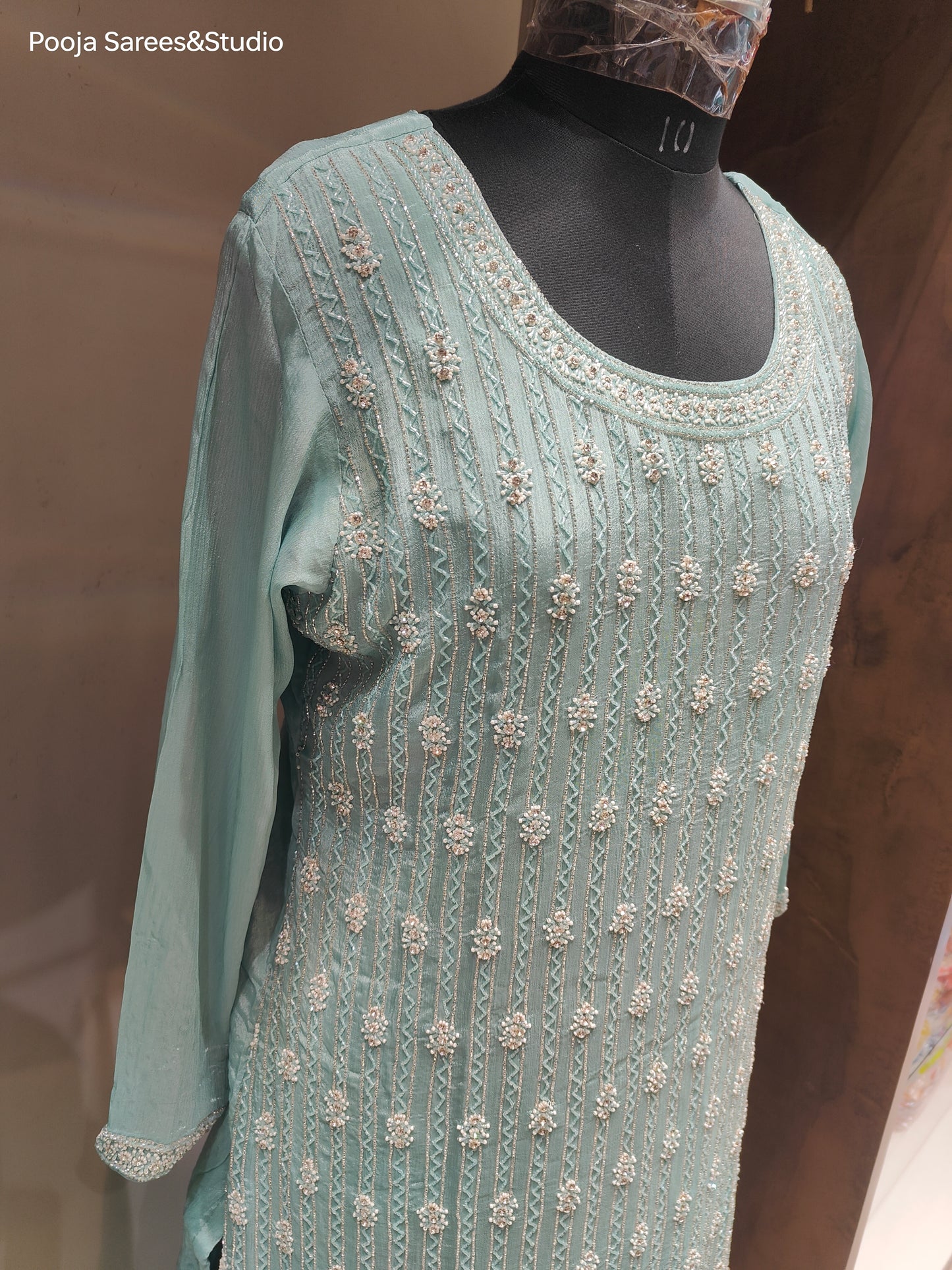 AARSAA Turquoise Crepe Full Katdana work kurta with Pallazo and dupatta