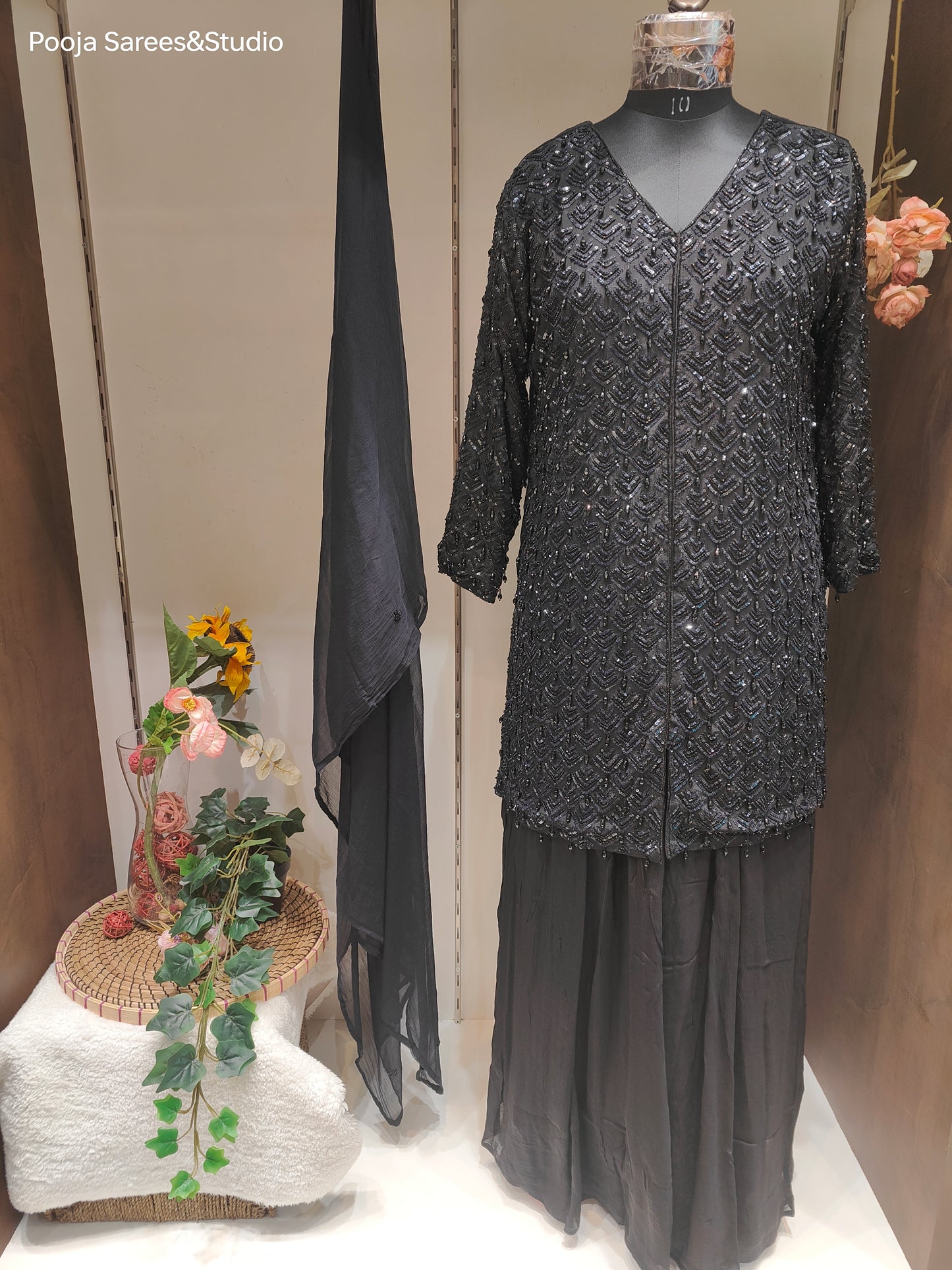 AARSAA Black Crepe Full Katdana Work Kurta with Pallazo and Dupatta