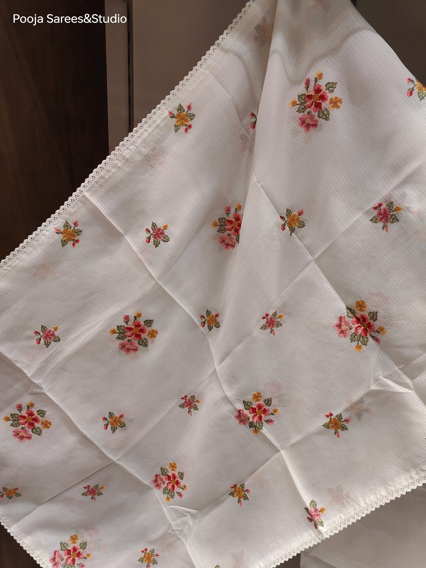 AARSAA White Kota Doria Convent Work V Neck Unstitched Suit