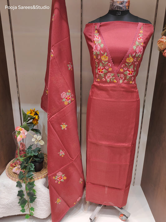 AARSAA Maroon Kota Doria Convent Work V Neck Unstitched Suit