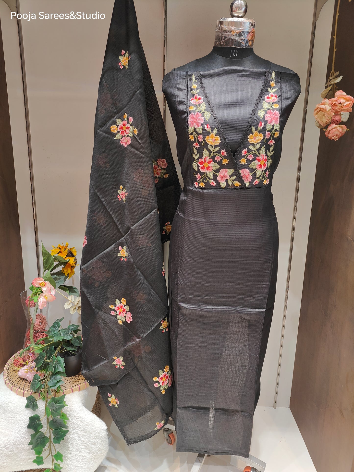 AARSAA Black Kota Doria Convent Work V Neck Unstitched Suit