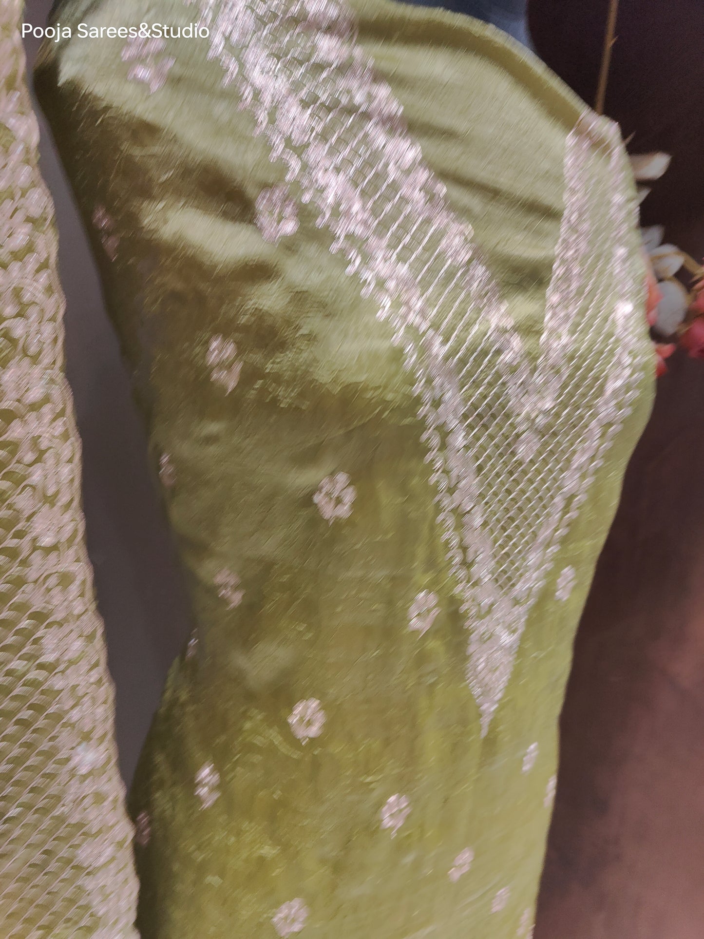 AARSAA Mehendi Green Crushed Tissue Pita Work Unstitched Suit with Floral Threadwork ,Pita work Border Dupatta and pita work on pant