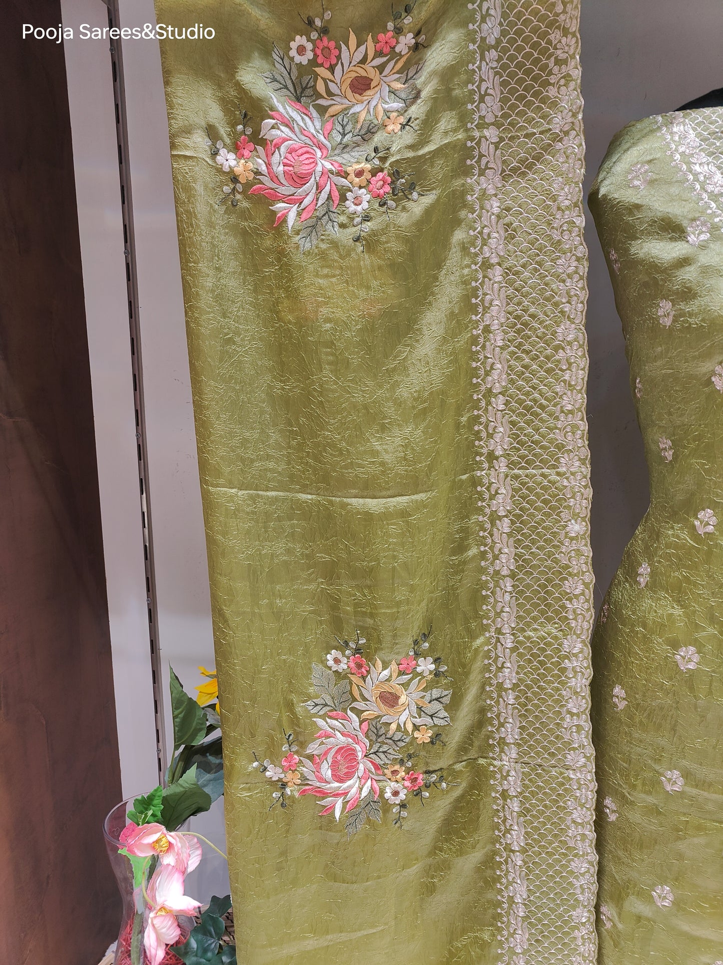 AARSAA Mehendi Green Crushed Tissue Pita Work Unstitched Suit with Floral Threadwork ,Pita work Border Dupatta and pita work on pant