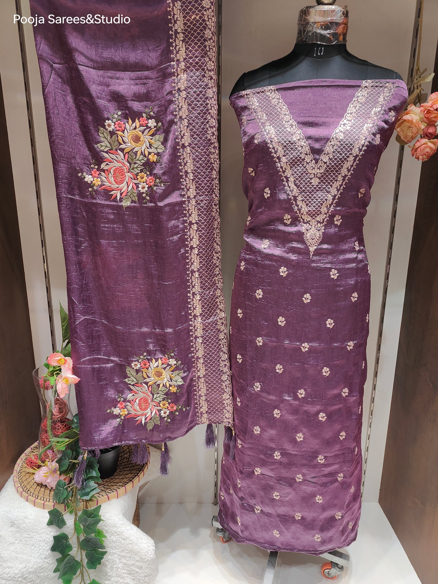 AARSAA Purple Crushed Tissue Pita Work Unstitched Suit with Floral Threadwork ,Pita work Border Dupatta and pita work on pant