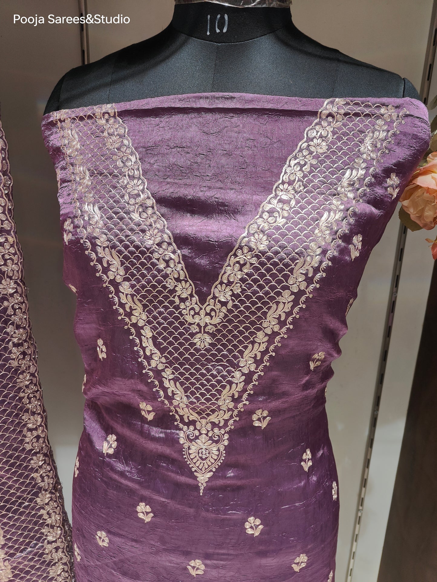 AARSAA Purple Crushed Tissue Pita Work Unstitched Suit with Floral Threadwork ,Pita work Border Dupatta and pita work on pant