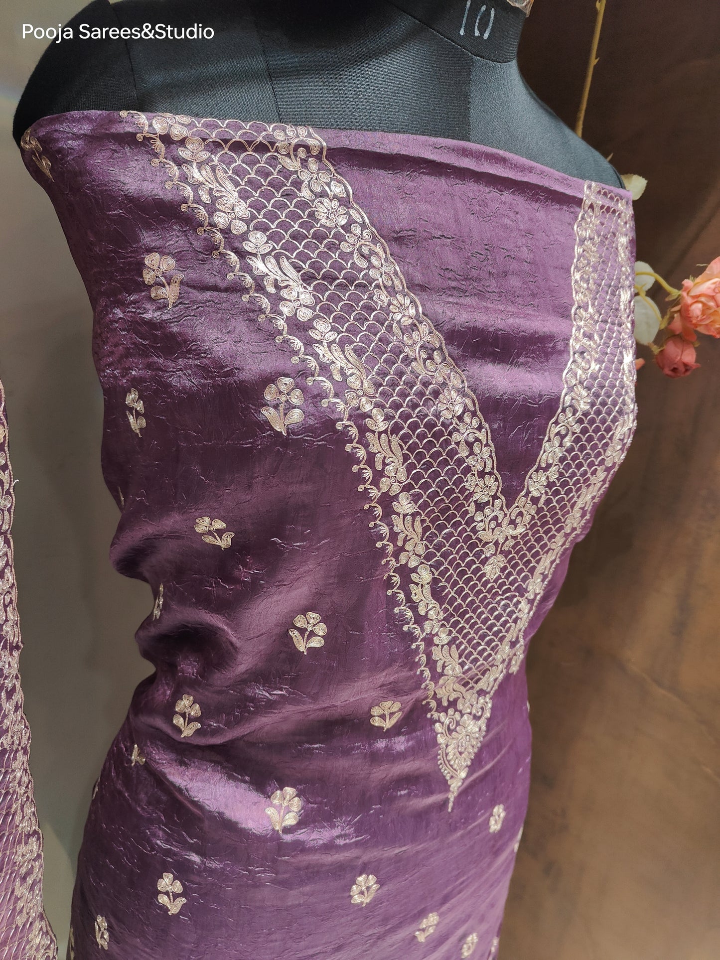 AARSAA Purple Crushed Tissue Pita Work Unstitched Suit with Floral Threadwork ,Pita work Border Dupatta and pita work on pant