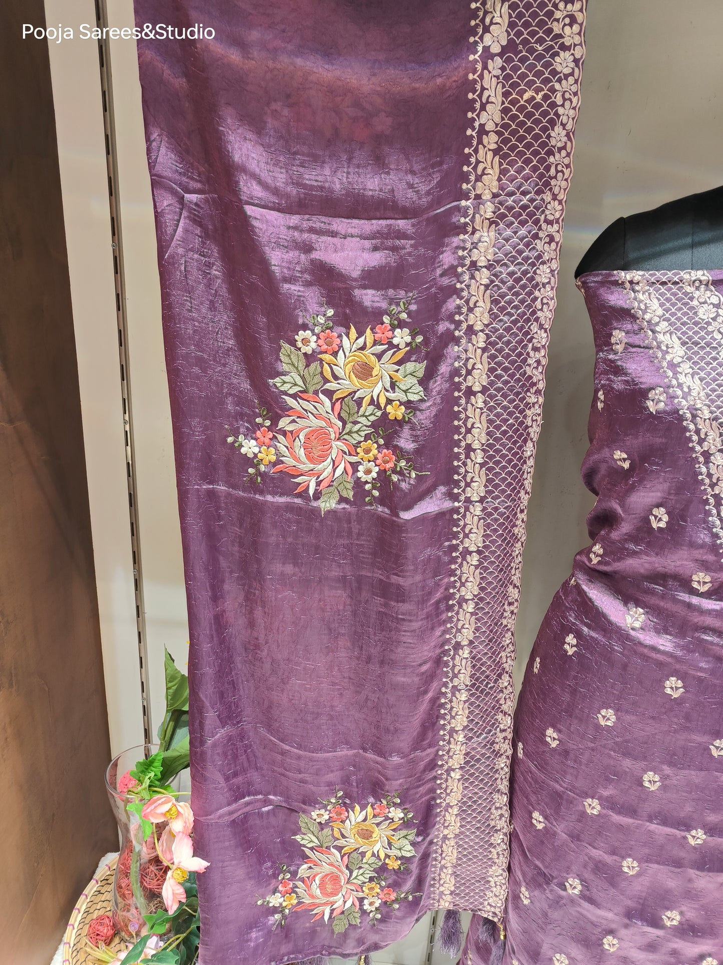 AARSAA Purple Crushed Tissue Pita Work Unstitched Suit with Floral Threadwork ,Pita work Border Dupatta and pita work on pant