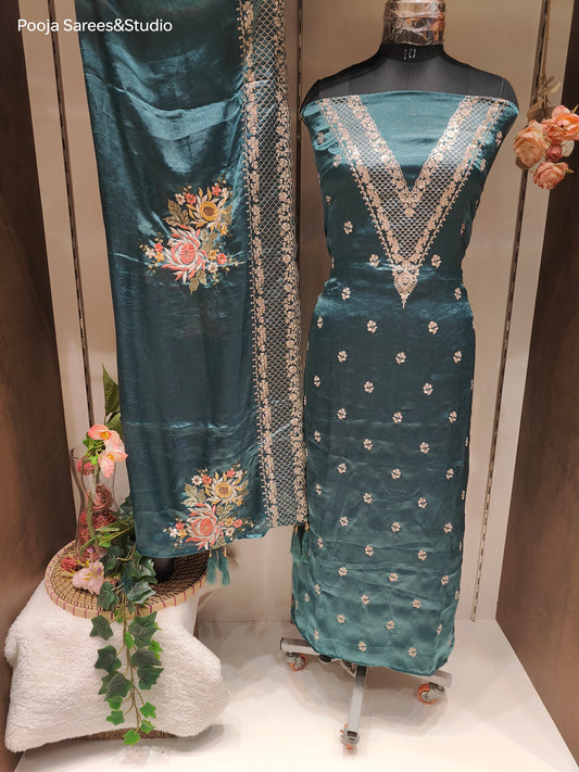 AARSAA Turquoise Crushed Tissue Pita Work Unstitched Suit with Floral Threadwork ,Pita work Border Dupatta and pita work on pant