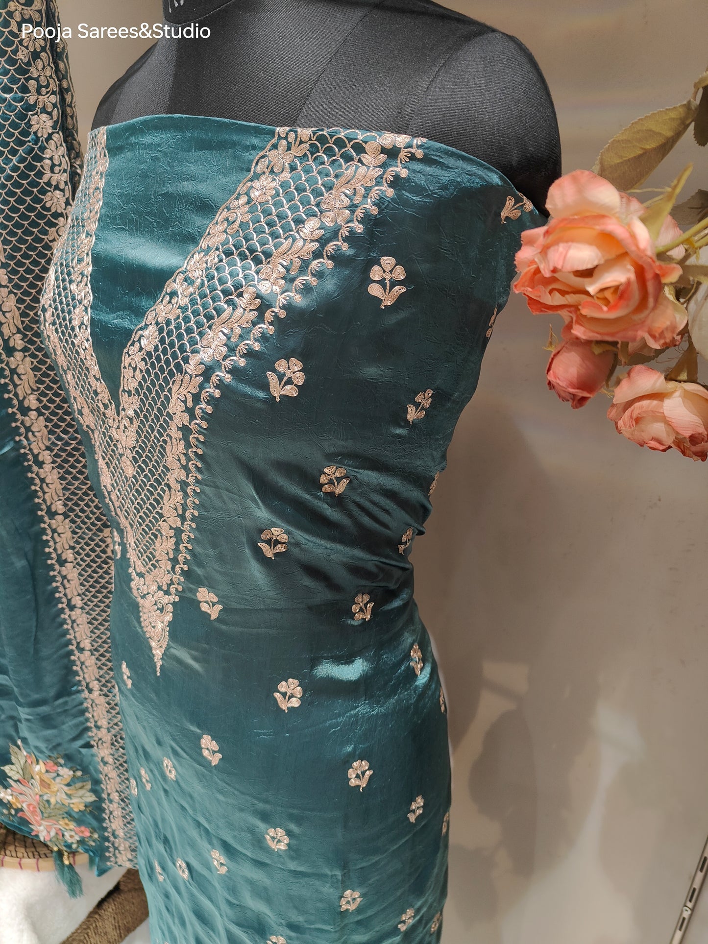 AARSAA Turquoise Crushed Tissue Pita Work Unstitched Suit with Floral Threadwork ,Pita work Border Dupatta and pita work on pant