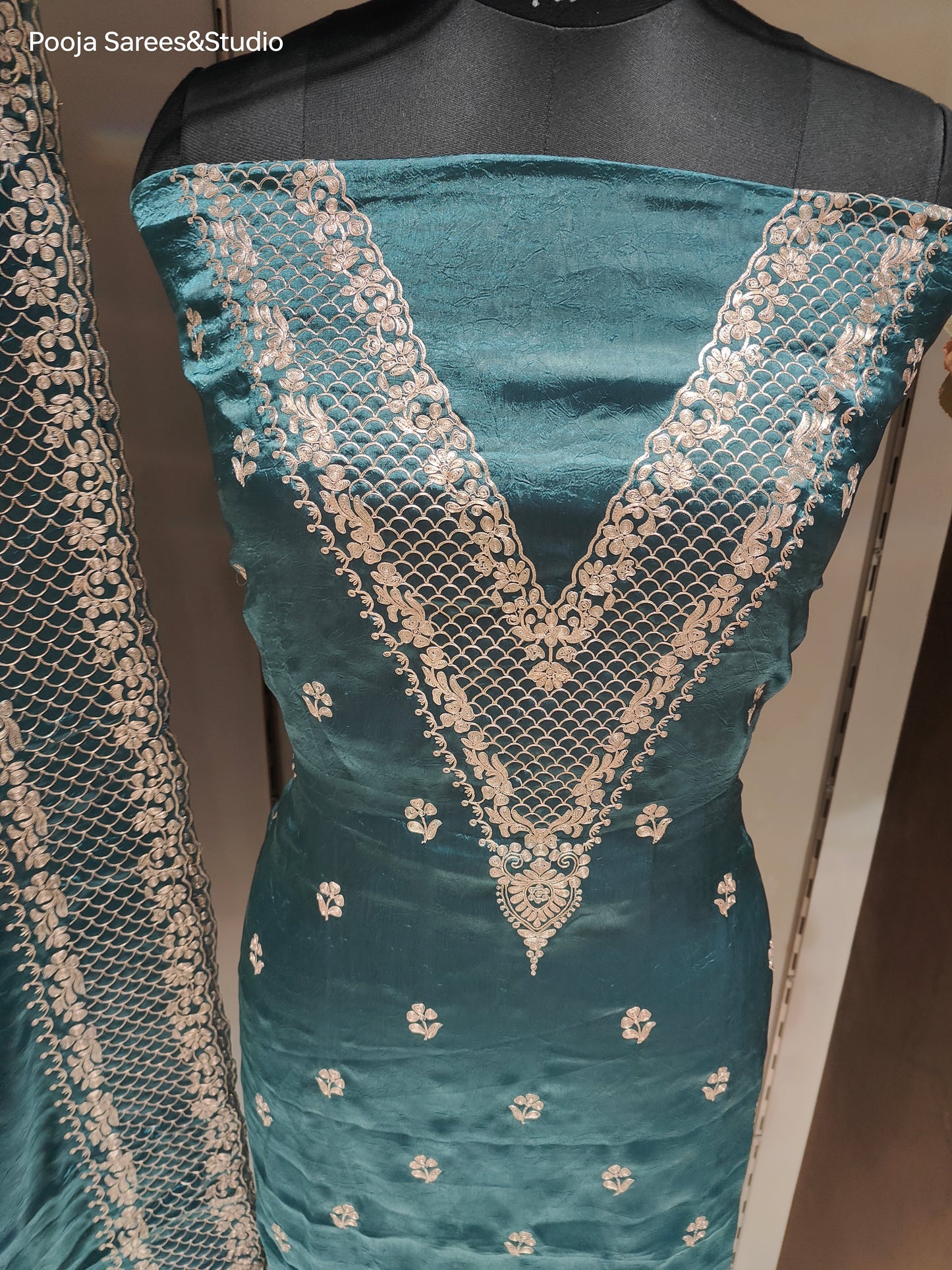 AARSAA Turquoise Crushed Tissue Pita Work Unstitched Suit with Floral Threadwork ,Pita work Border Dupatta and pita work on pant