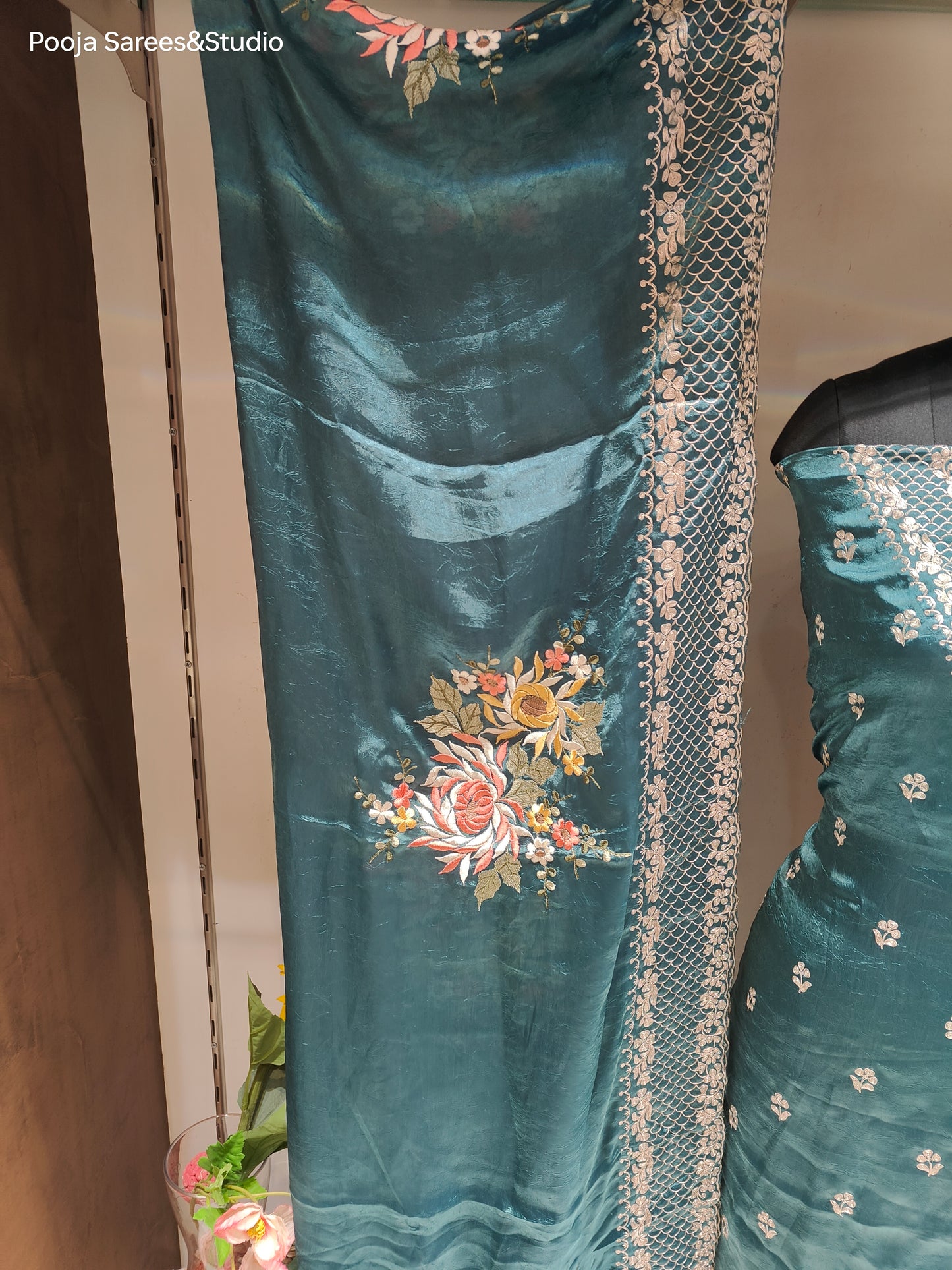 AARSAA Turquoise Crushed Tissue Pita Work Unstitched Suit with Floral Threadwork ,Pita work Border Dupatta and pita work on pant