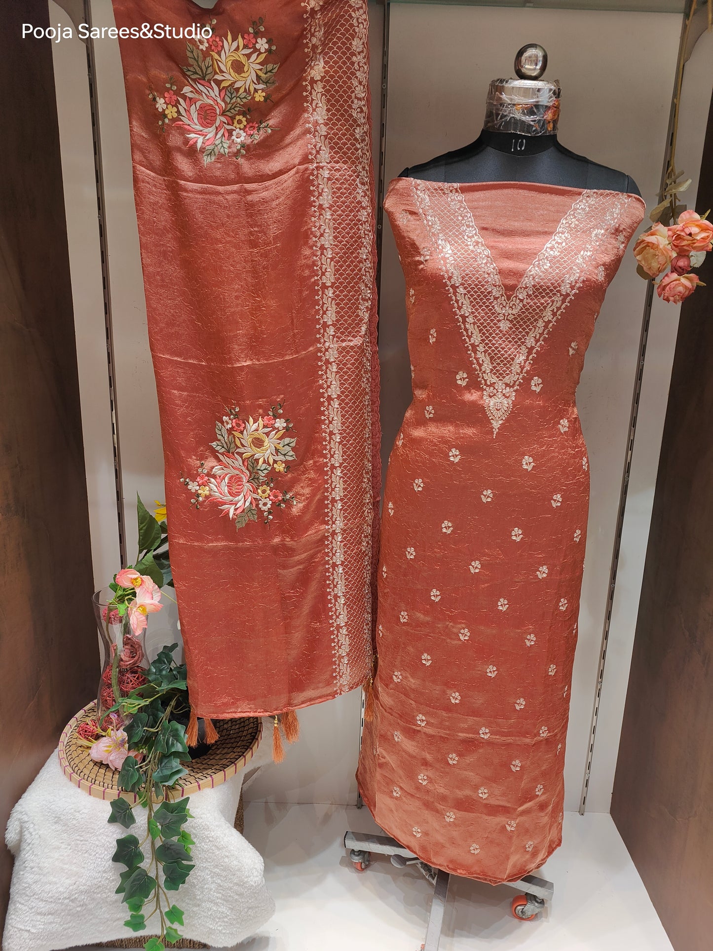 AARSAA Rust Crushed Tissue Pita Work Unstitched Suit with Floral Threadwork ,Pita work Border Dupatta and pita work on pant